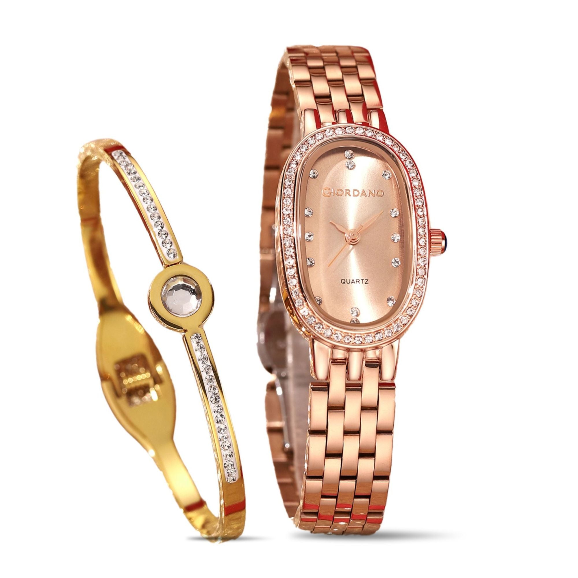 Giordano Analog Quartz Watch for Women with Bangle Oval Rose Gold Dial, Blue Crown, Crystal Studded Hour Markers and Bezel, Rose Gold Stainless Steel Strap - GZ-60153-22