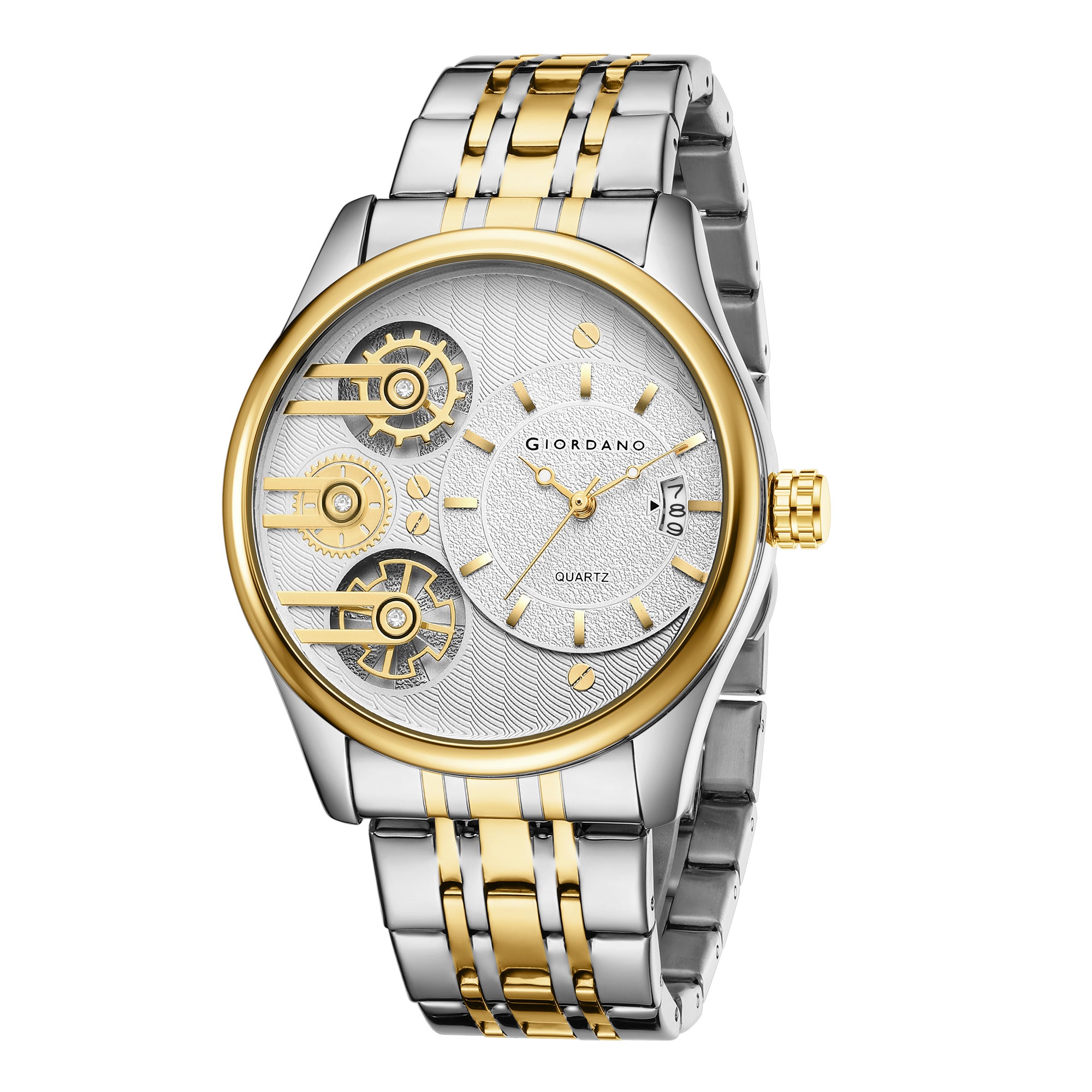 Giordano Analog Watch for Men with Round White Dial, Gear-Inspired Design, Date Display & Stainless Steel Strap GZ-50222-33