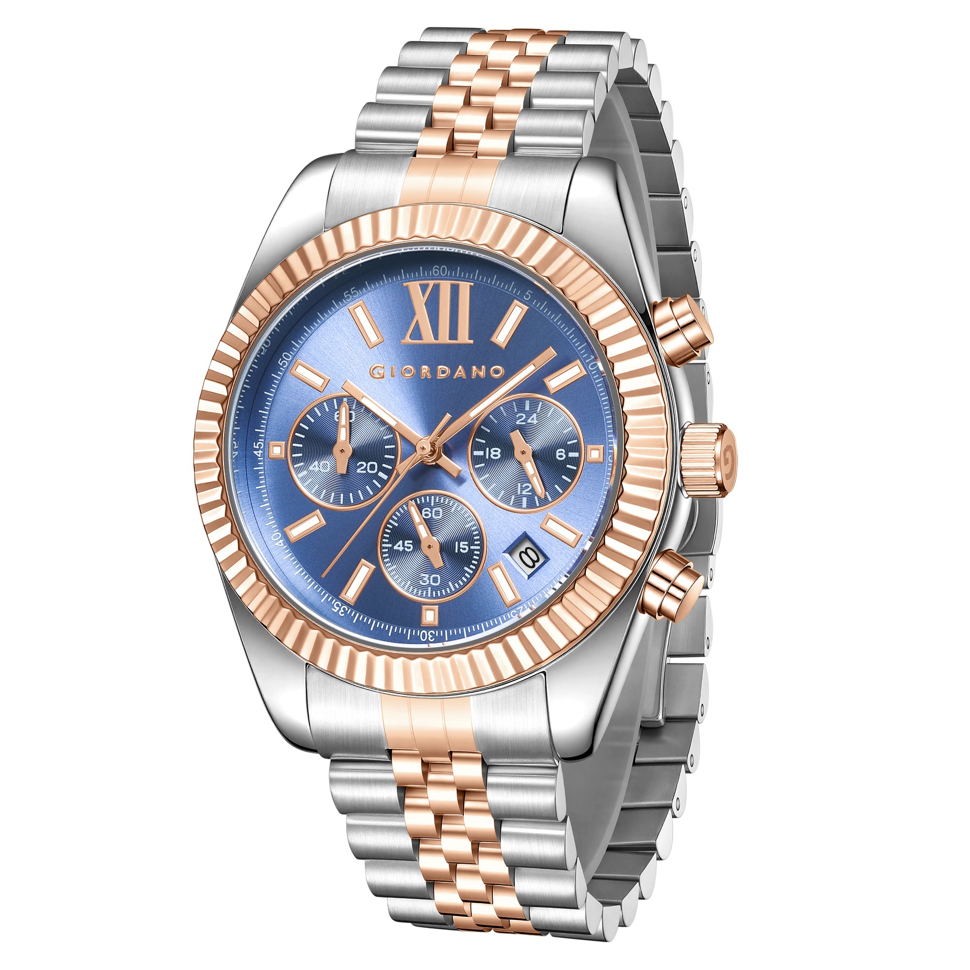 Giordano Chronograph Analog Quartz Watch for Men with Round Blue Dial, Roman indices, Date Function, Luminos hands and Markers, Silver and Rose Gold Stainless Steel Strap - GZ-50217-22