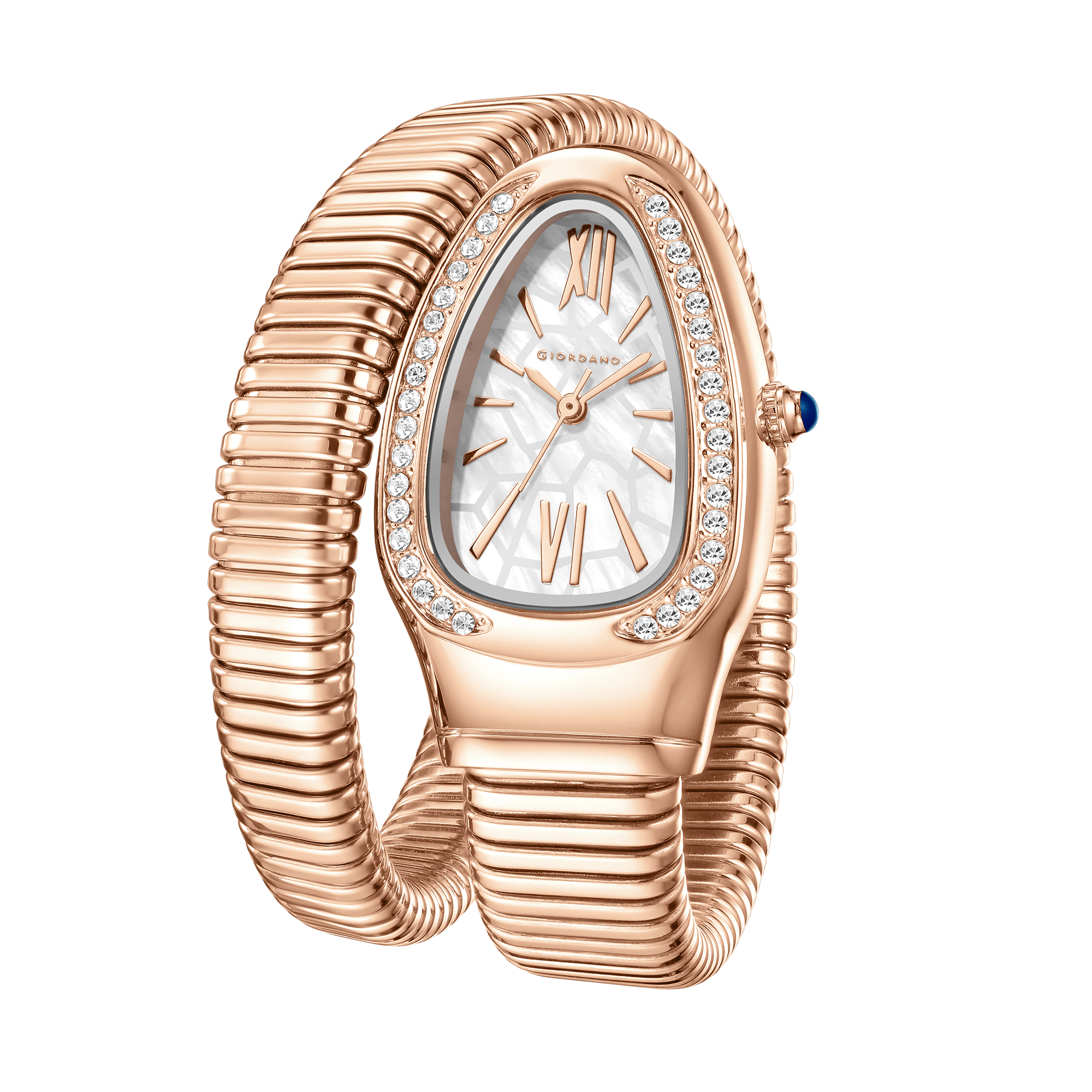 Giordano Serpentine Collection Analog Quartz Watch for Women with White Geometric-Textured Dial, Crystal-Studded Bezel, Roman Numerals & Snake-Style Wrap-Around Stainless Steel Strap - GZ-60189-11