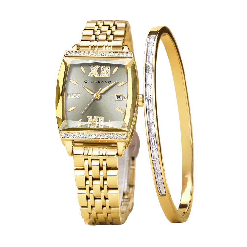 Giordano Analog Watch with Bracelet Set for Women – কাট গ্লাস স্কয়ার ডায়াল, ক্রিস্টাল রোমান ইনডাইসিস এবং স্টেইনলেস স্টিল স্ট্র্যাপ – মহিলাদের জন্য মার্জিত উপহার কম্বো | GZ-60117-55