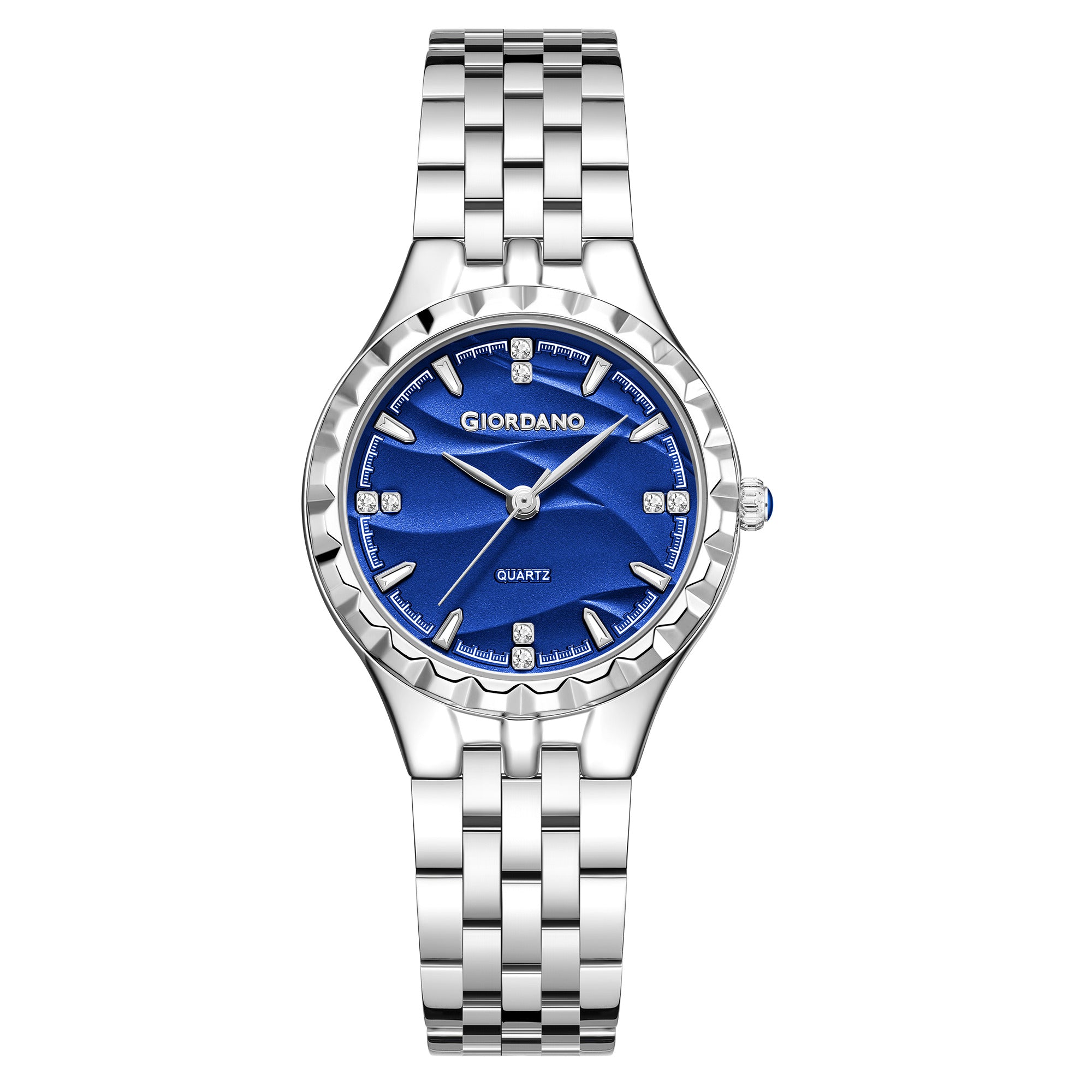 Giordano Analog Quartz Watch for Women with Textured Round Blue Dial, Luminous Hands and Markers, Silver Stainless Steel Strap - GZ-60164-22