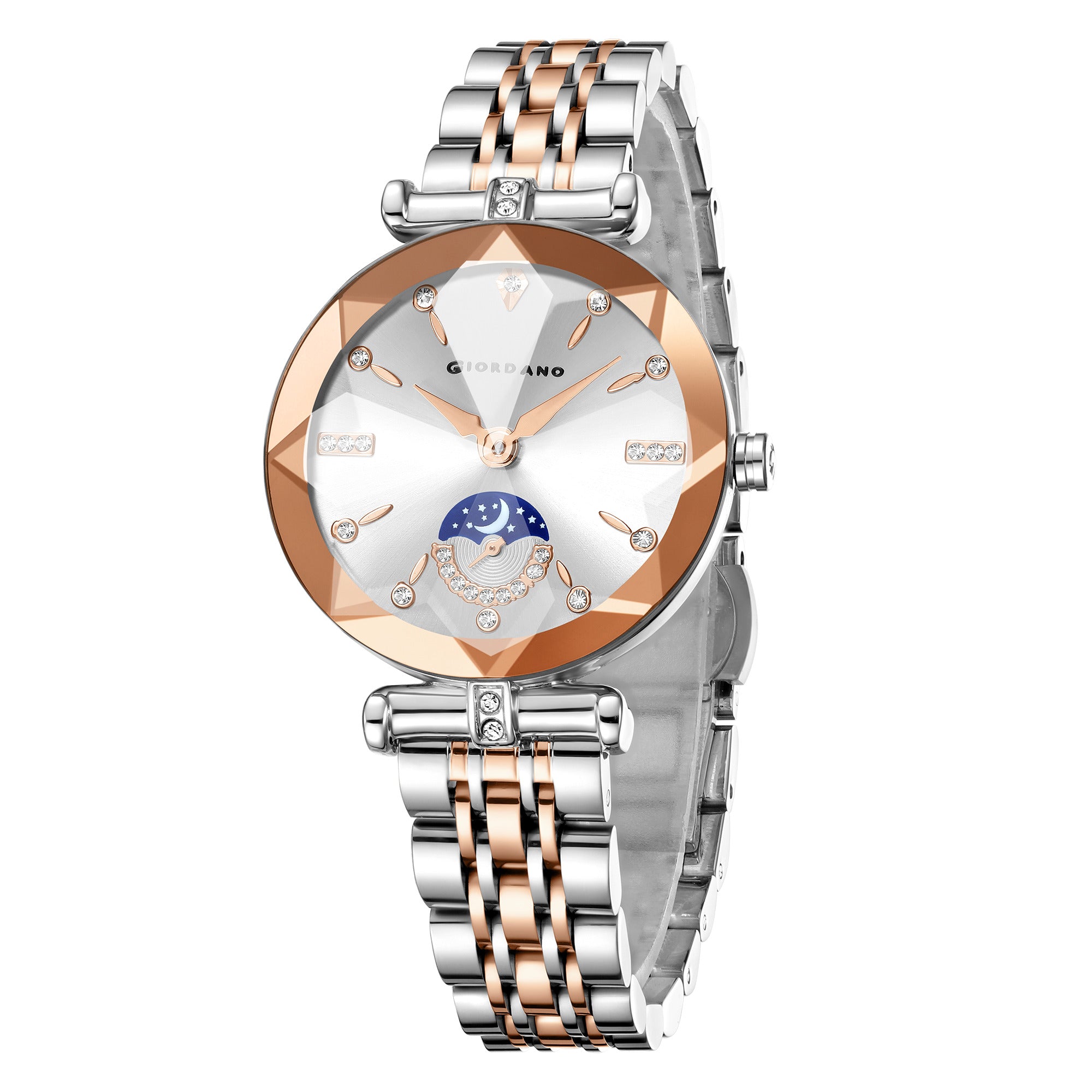 Giordano Analog Quartz Watch for Women with Silver Round Sunray Dial, Moonphase Display, Diamond Studded Hour Markers and Two-Tone Silver & Rose Gold Stainless Steel Bracelet - GZ-60094-55