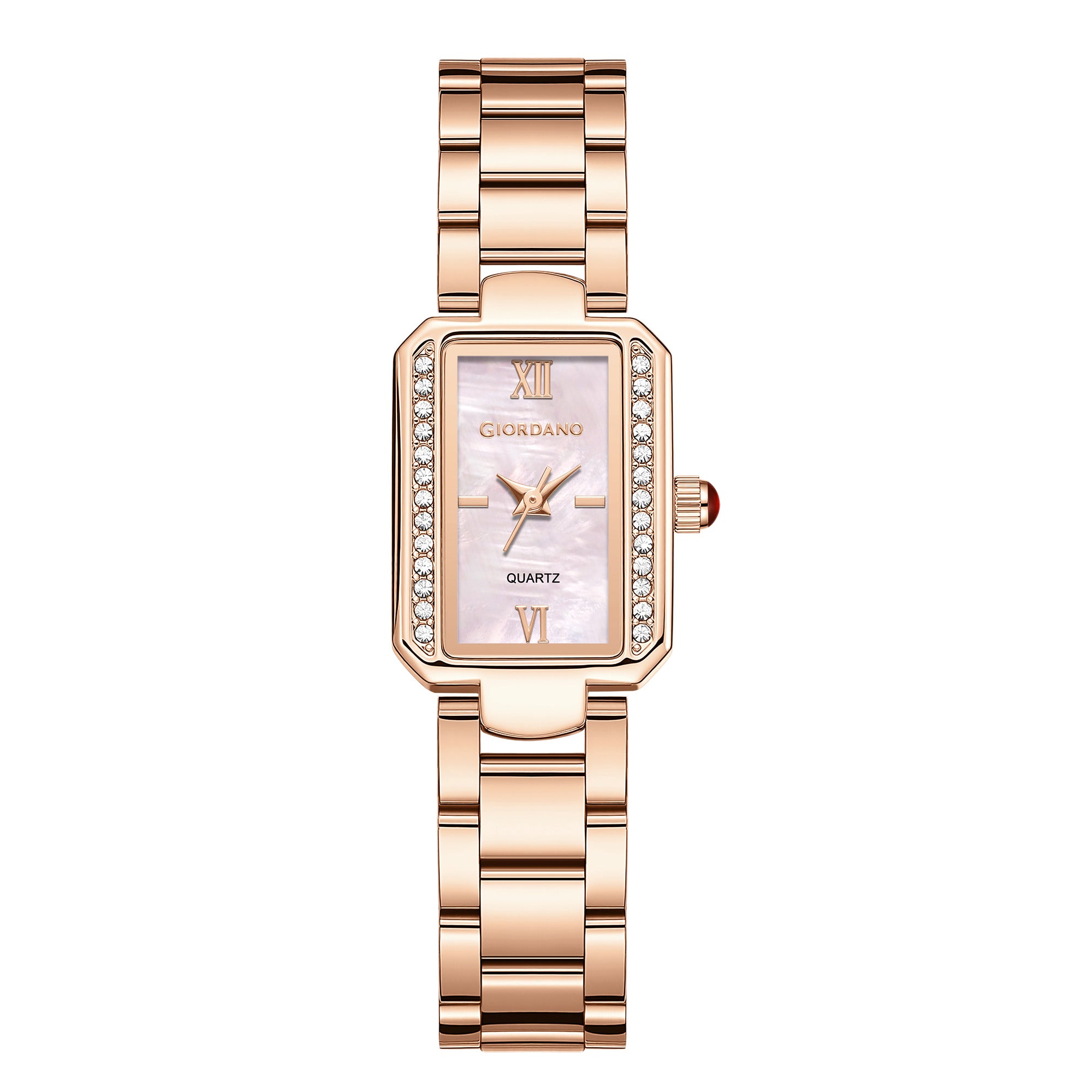 Giordano Analog Quartz Watch for Women with sunray Rectangle Rose Gold Dial, Roman indices, Crystal studded bezel, Blue Crown, Rose Gold Stainless Steel Strap - GZ-60167-44