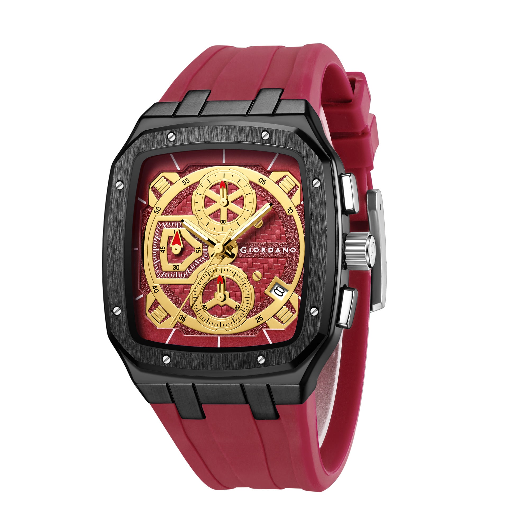 Giordano Analog Watch for Men with Chronograph Subdials, Black Square Case, Date Display, Quartz Movement, Red Silicone Strap GZ-50204-55