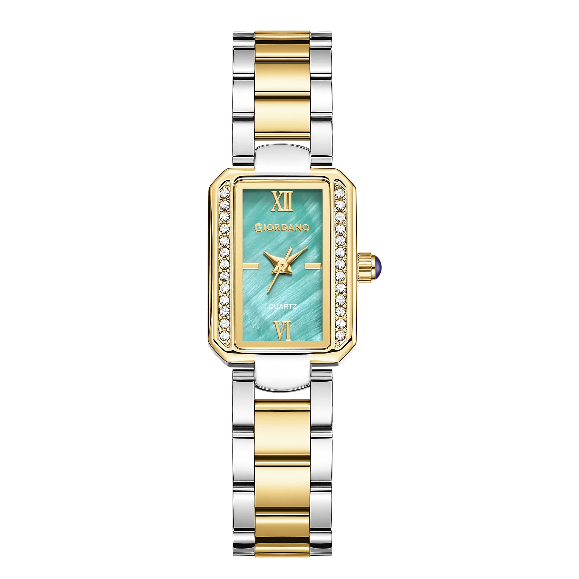 Giordano Analog Quartz Watch for Women with sunray Rectangle Green Dial, Roman indices, Crystal studded bezel, Blue Crown, Silver and Gold Stainless Steel Strap - GZ-60167-33