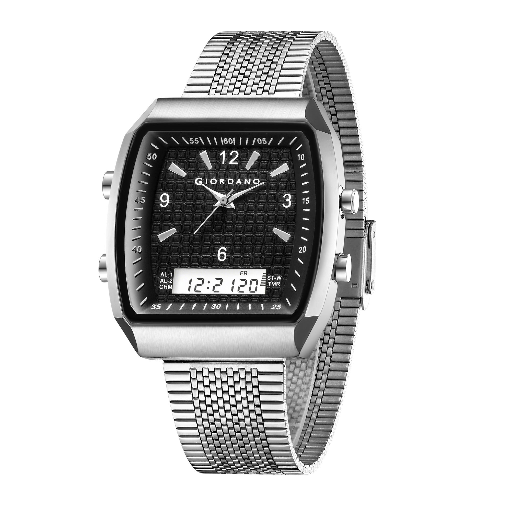 Giordano Analog-Digital Square Watch for Men Dual Time Display, Quartz Movement, Day Display, Textured Dial and Black Stainless Steel Strap - GZ-50219-22