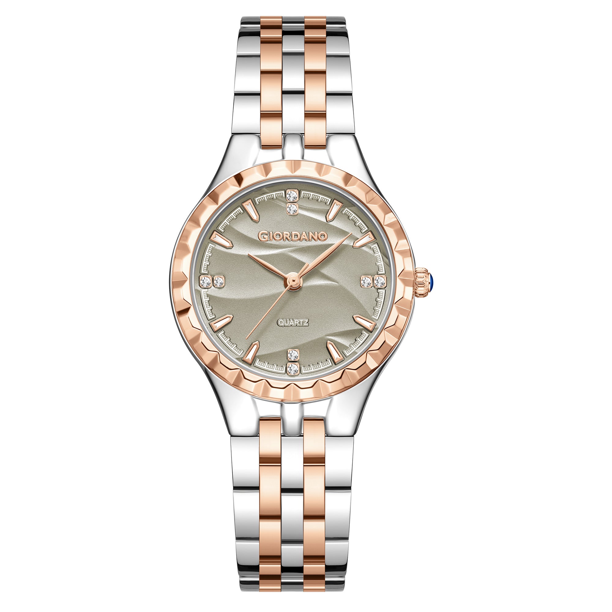 Giordano Analog Quartz Watch for Women with Textured Round Grey Dial, Luminous Hands and Markers, Silver and Rose Gold Stainless Steel Strap - GZ-60164-44