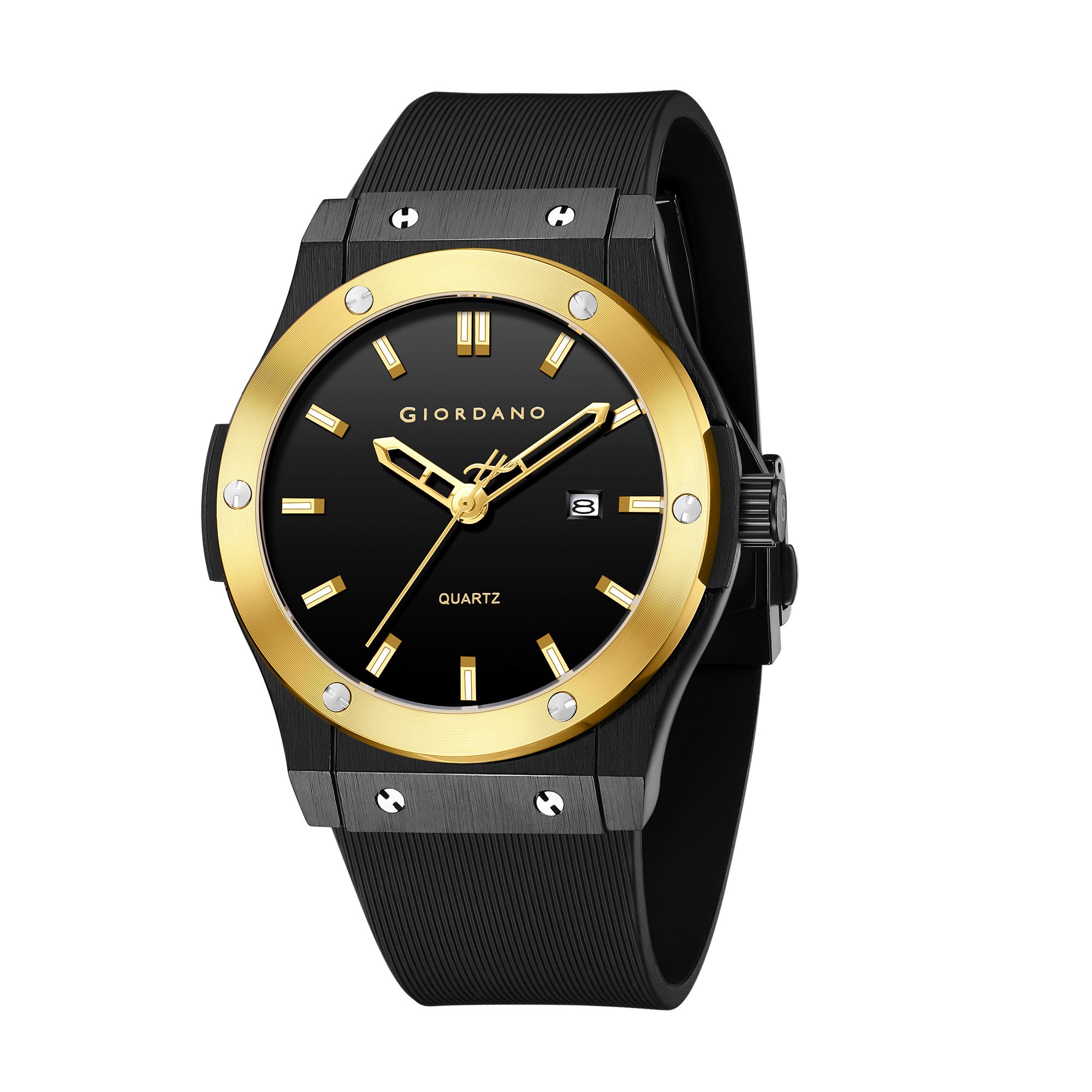 Giordano Analog Watch for Men with Round Black Dial, Date Function, Luminous Hour Markers, Black Textured Silicone Strap - GZ-50208-02