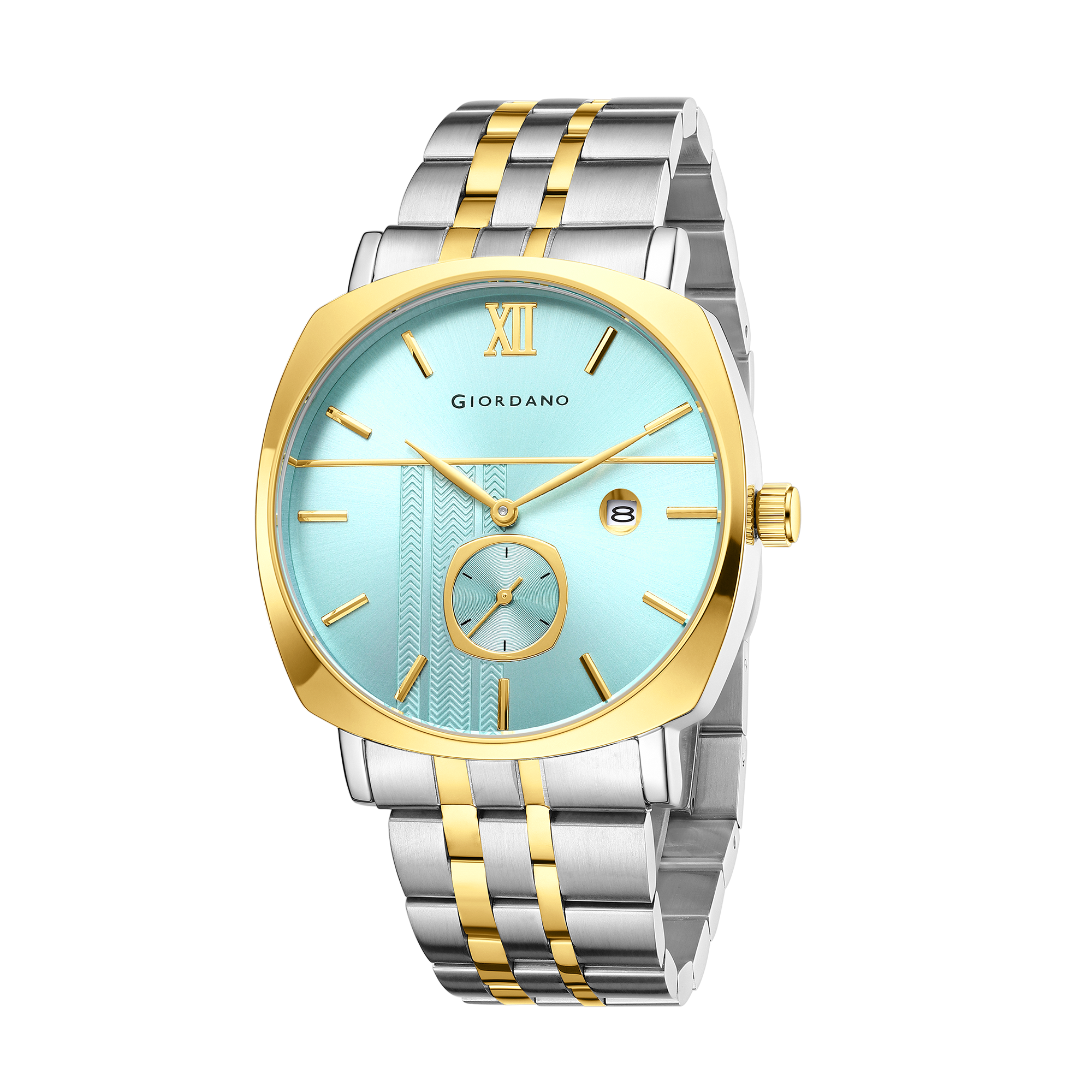 Giordano Analog Quartz Watch for Men with Turquoise Sunray Patterned Dial, Roman XII & Baton Hour Markers, Small Seconds Sub-Dial, Date Display and Two-Tone Stainless Steel Strap - GZ-50192-33