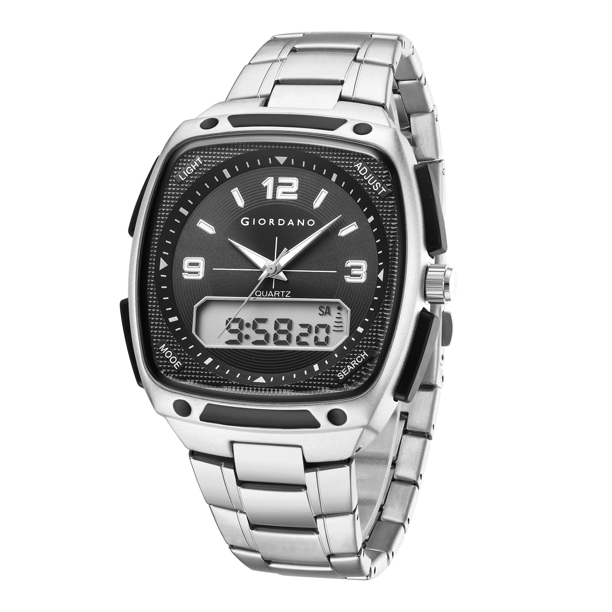 Giordano Analog Quartz Watch for Men with Texured Square Black Dial, Date and Day Function, Luminous Hands and Hour Markers, Silver Stainless Steel Strap - GZ-50223-22