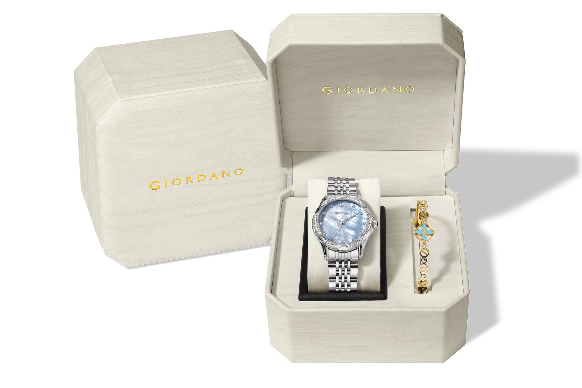 Giordano Analog Quartz Watch for Women with Textured Round Brown Dial, Flower shape case, Blue Crown, Crystal studded hour markers and bezel, Silver Stainless Steel Strap - GZ-60157-22