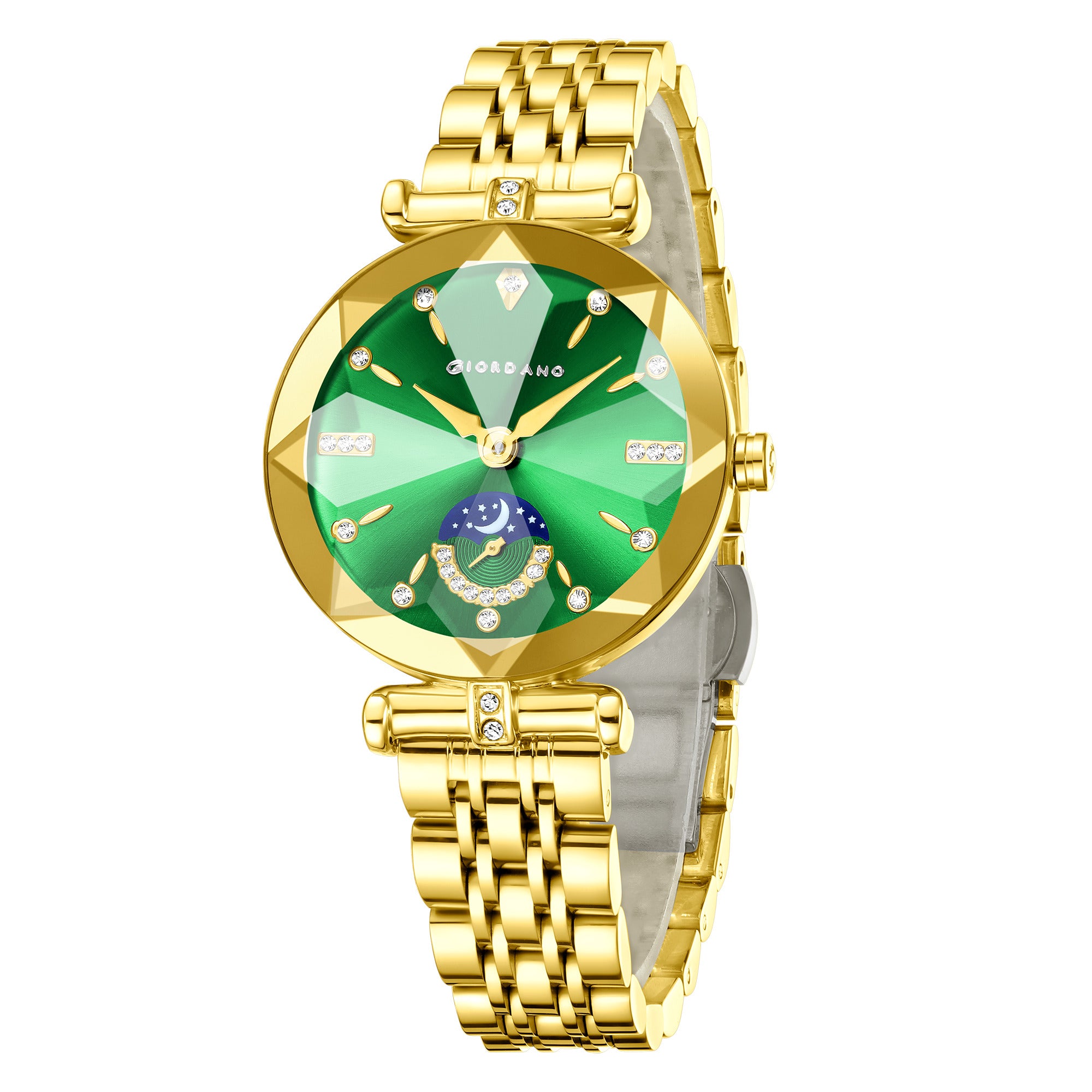 Giordano Analog Quartz Watch for Women with Green Round Sunray Dial, Moonphase Display, Diamond Studded Hour Markers and Gold Stainless Steel Bracelet - GZ-60094-44