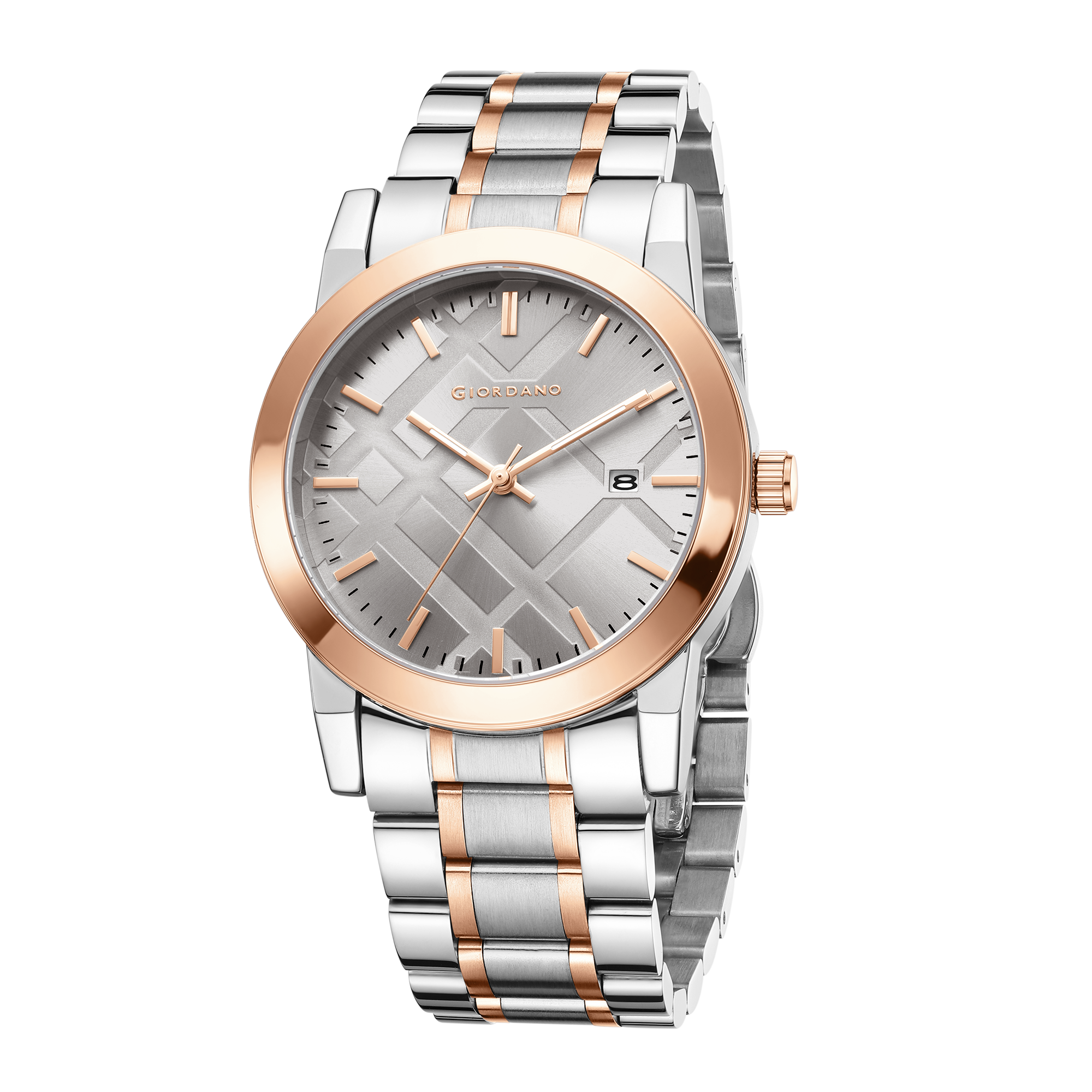 Giordano Analog Quartz Watch for Men with Grey Geometric Textured Round Dial, Luminous Hands Markers, Date Display, Faceted Bezel and Two-Tone Rose Gold & Silver Stainless Steel Strap - GZ-50193-11