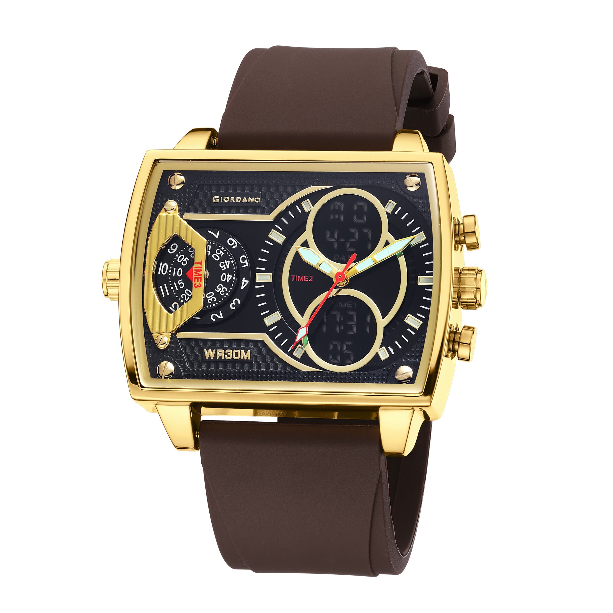 Giordano Square Hybrid Analog-Digital Watch for Men – Triple Time Zone Display with Quartz Precision & Durable Sport Grade Silicone Strap GZ-50161-03