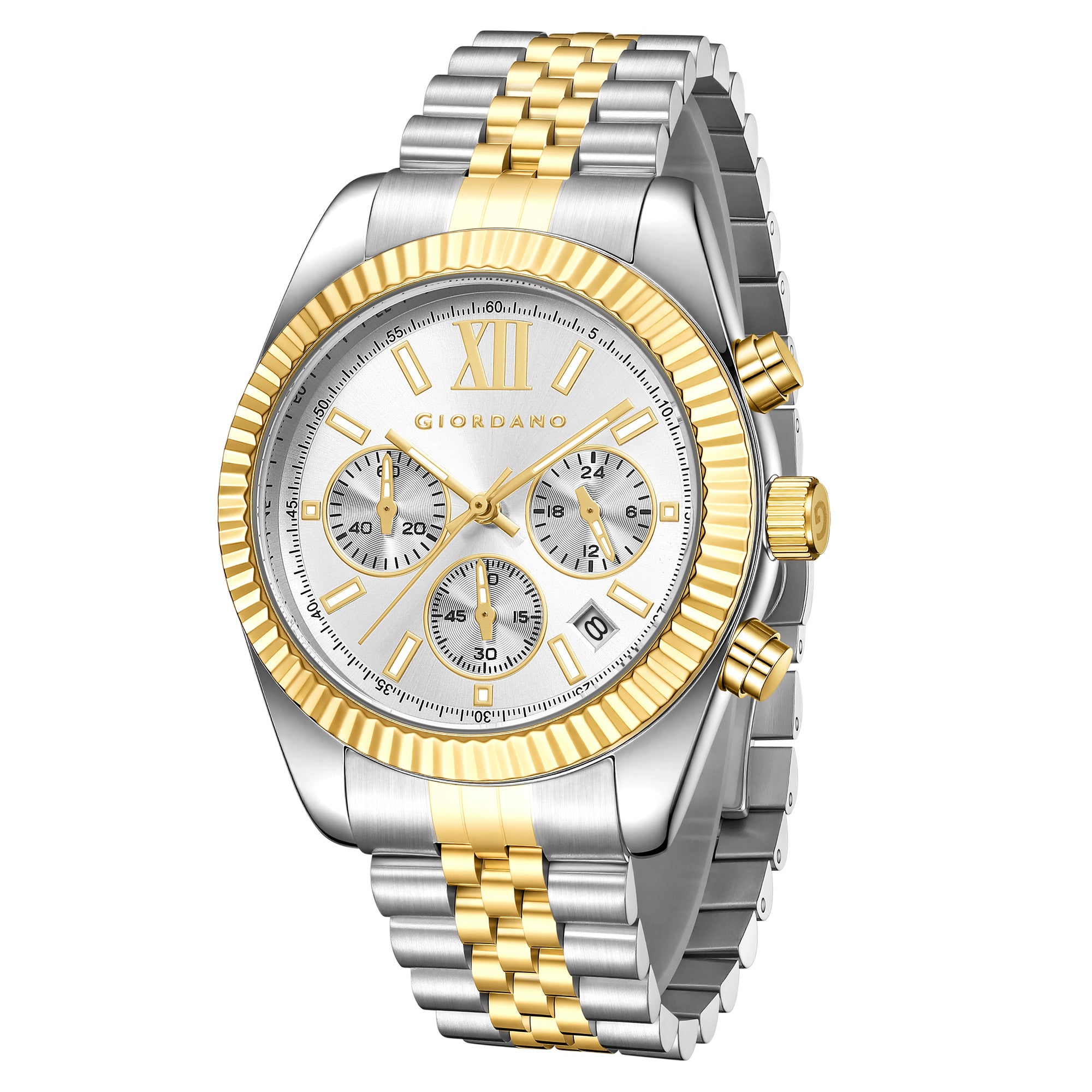 Giordano Chronograph Analog Quartz Watch for Men with Round White Dial, Roman indices, Date Function, Luminos hands and Markers, Silver and Gold Stainless Steel Strap - GZ-50217-44