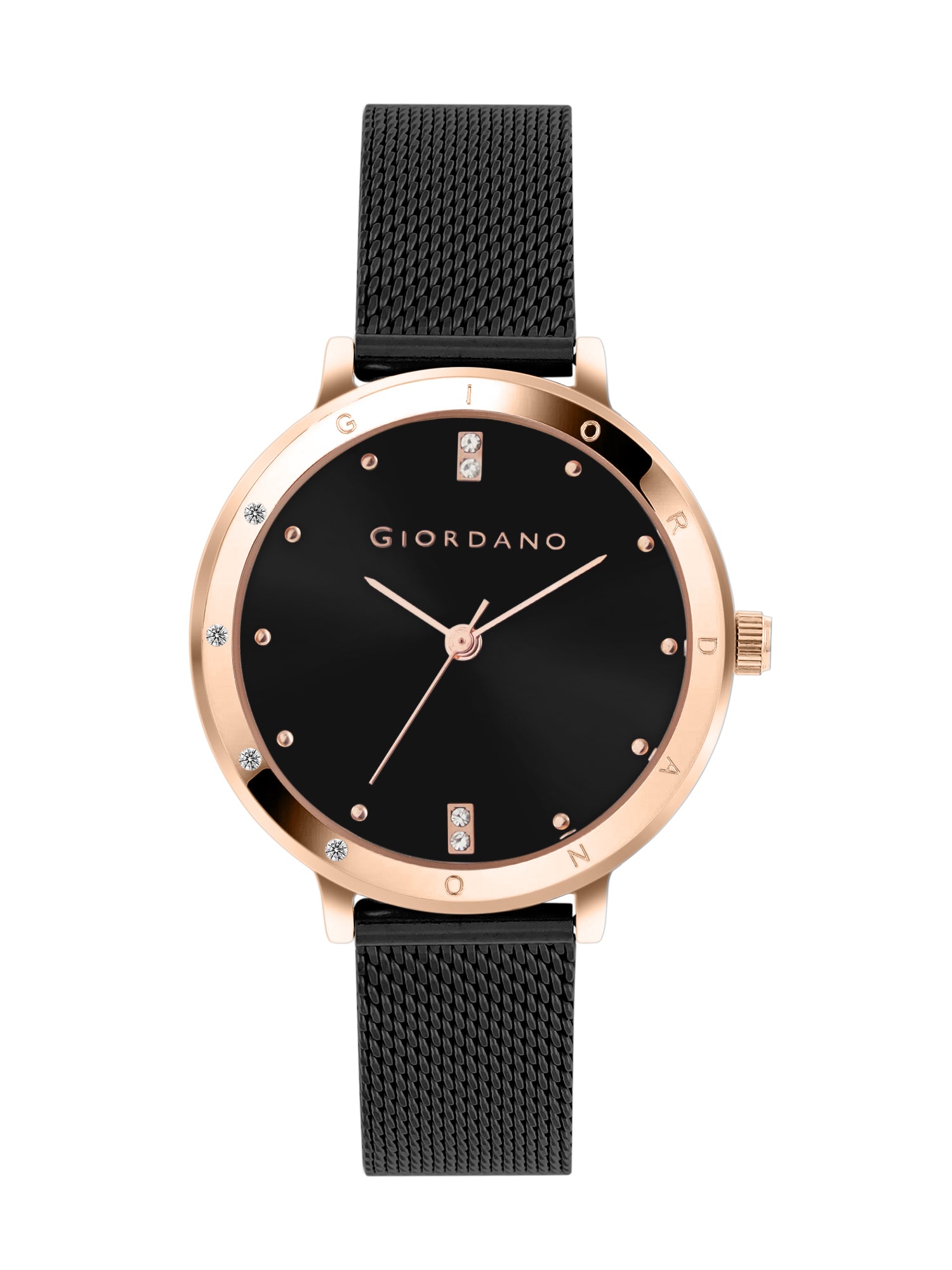 Giordano Analog Watch for Women with Round Black Sunray Dial, Crystal Studded Bezel, Quartz Movement and Black Stainless Steel Mesh Strap A2085-55