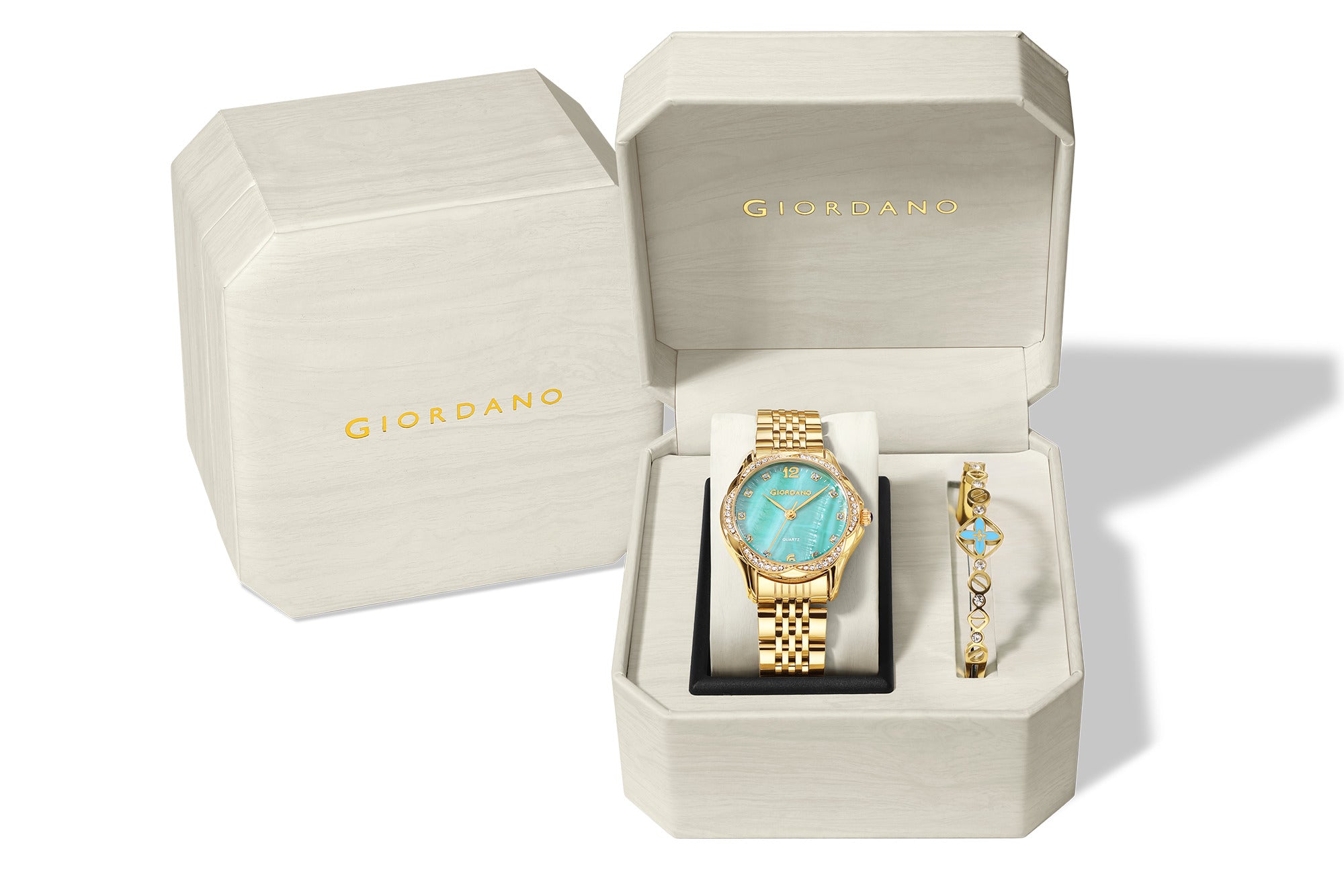 Giordano Analog Quartz Watch for Women with Textured Round Green Dial, Flower shape case, Blue Crown, Crystal studded hour markers and bezel, Gold Stainless Steel Strap - GZ-60157-33