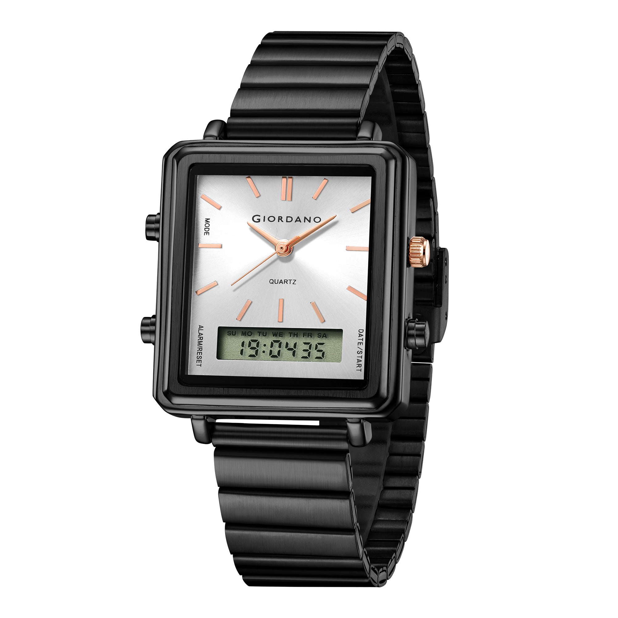Giordano Analog Digital Watch for Men with Square White Dial, Dual Time Display, Black Stainless Steel Strap - GZ-50210-22