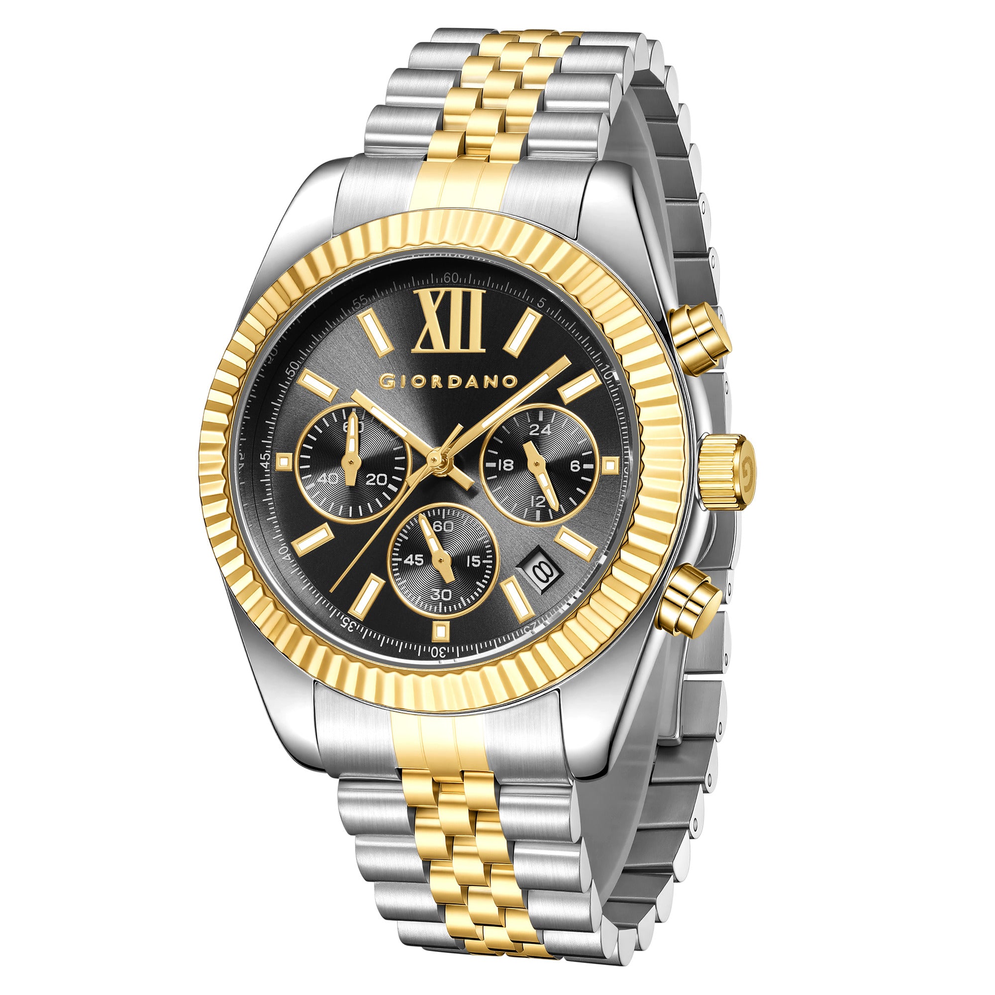 Giordano Chronograph Analog Quartz Watch for Men with Round Black Dial, Roman indices, Date Function, Luminos hands and Markers, Silver and Gold Stainless Steel Strap - GZ-50217-11