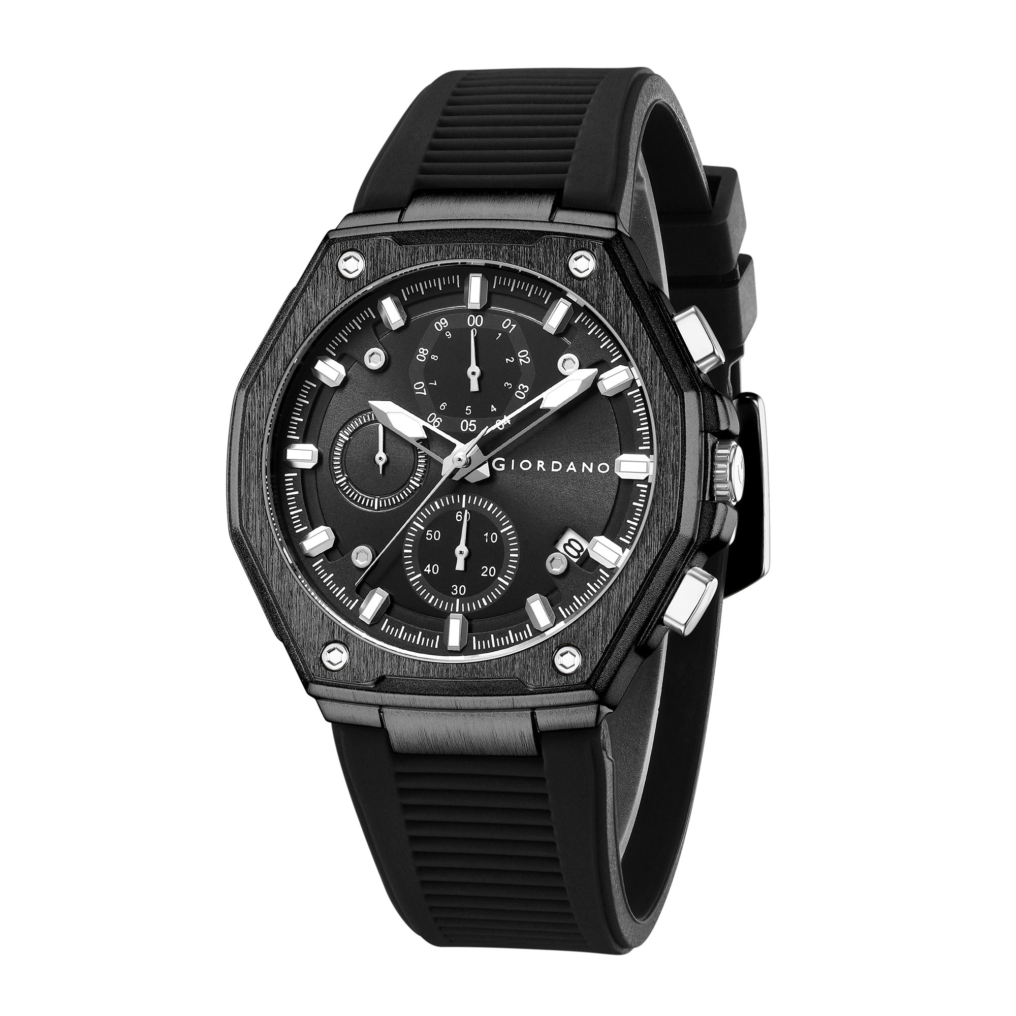Giordano Chronograph Analog Quartz Watch for Men with Round Black Dial, Octgonal case, Date Function, Luminous Hands and Hour Markers, Black Silicone Strap - GZ-50197-11