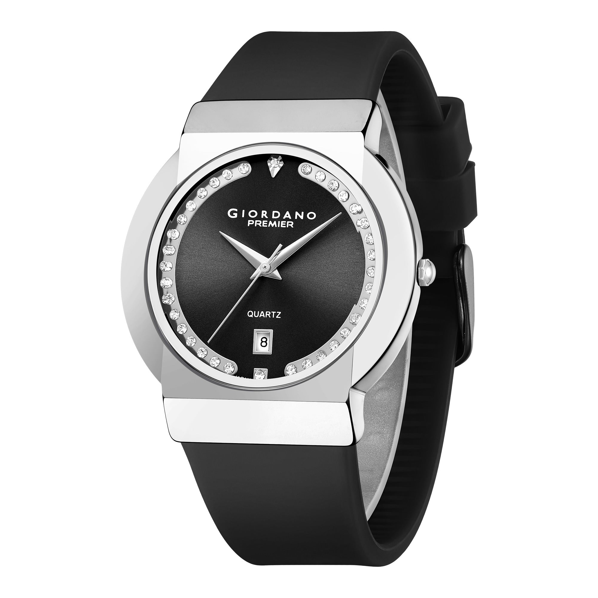 Giordano Premier Analog Quartz Watch for Women with Round Black Dial, Crystal Studded Bezel, Date Display, Silver Case & Black Silicone Strap - GZ-50228-01