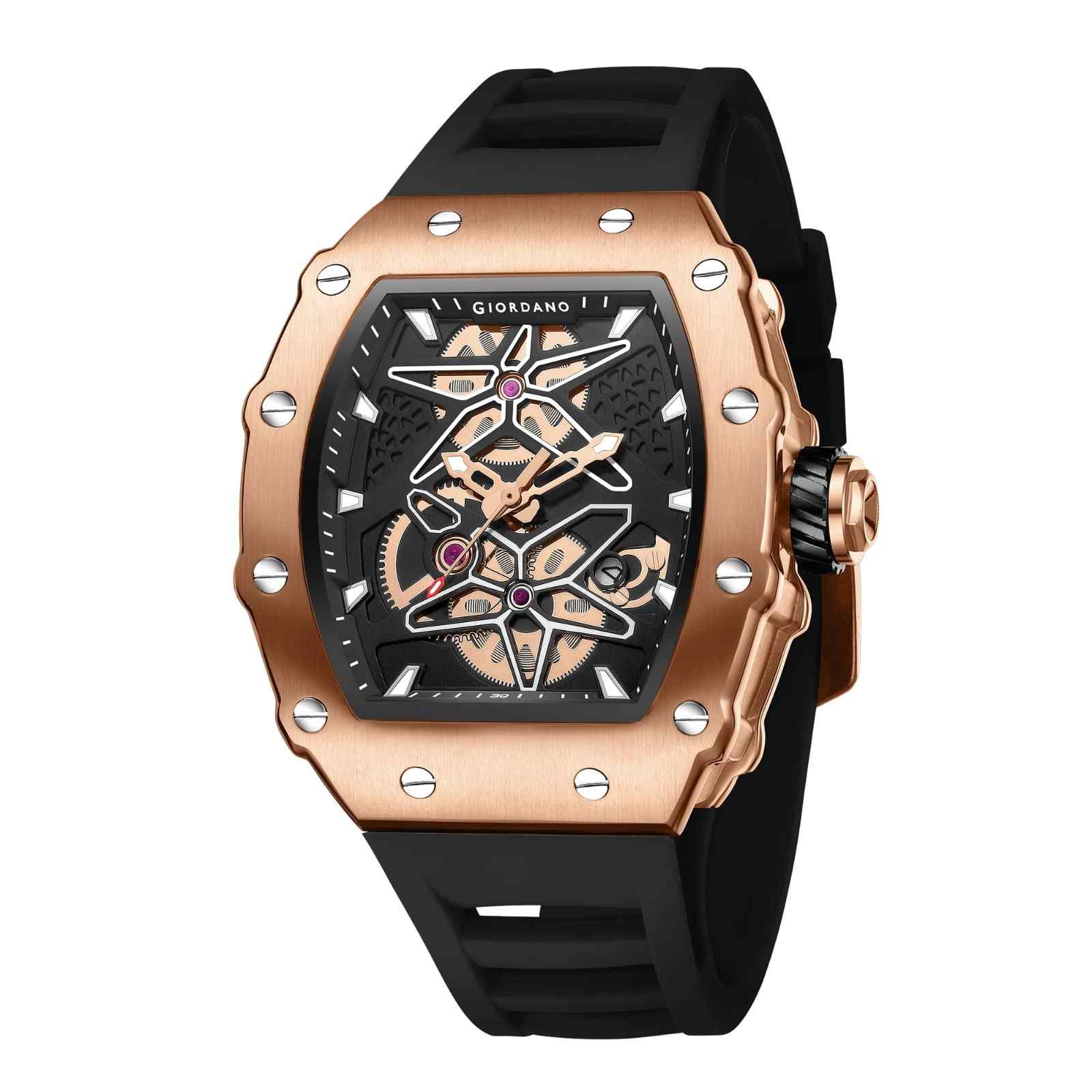 Giordano Analog Skeleton Dial Watch for Men – Tonneau Case, Silicone Strap, Open-Gear Sport Design, Quartz Movement - GZ-50188-33