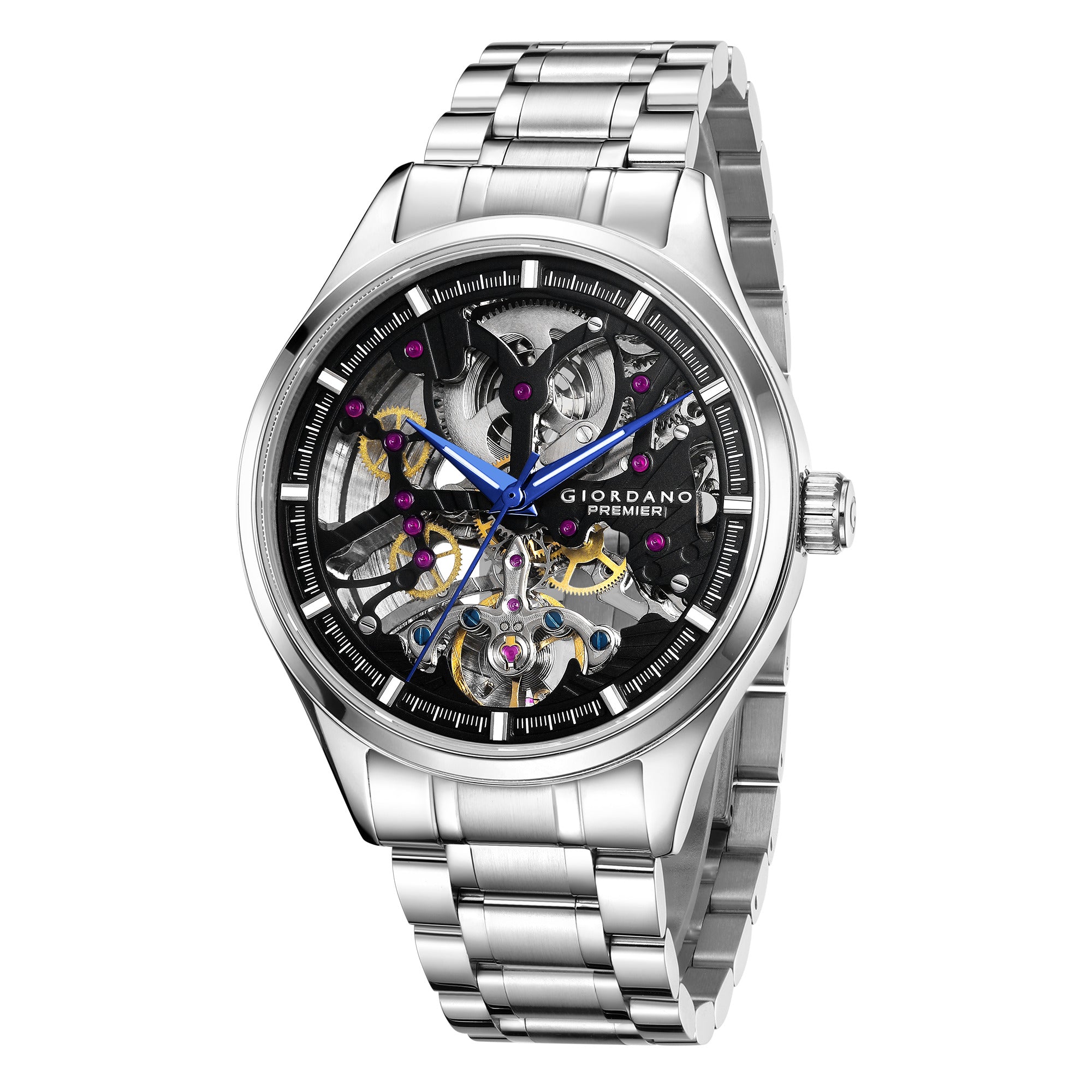 Giordano Automatic Watch for Men with Skeleton Round Black Dial, Luminous Hands and Markers, Silver Stainless Steel Strap - GZ-50225-22