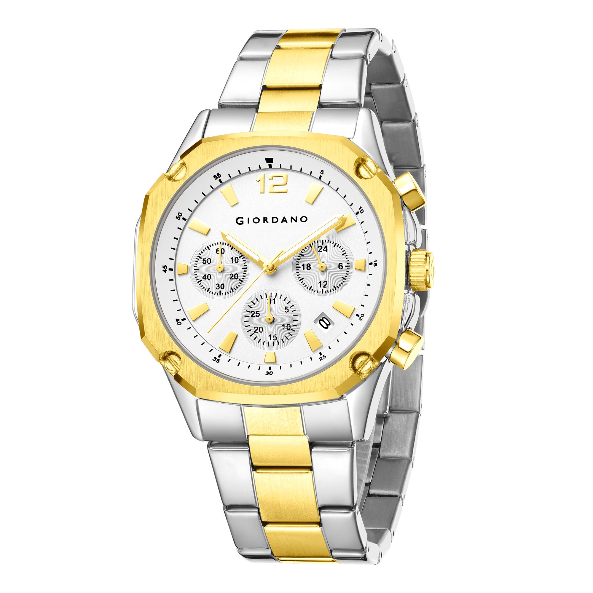Giordano Analog Watch for Men with Chronograph Subdials, Round White Dial Date Window, Quartz Movement Silver Stainless Steel Strap GZ-50203-33