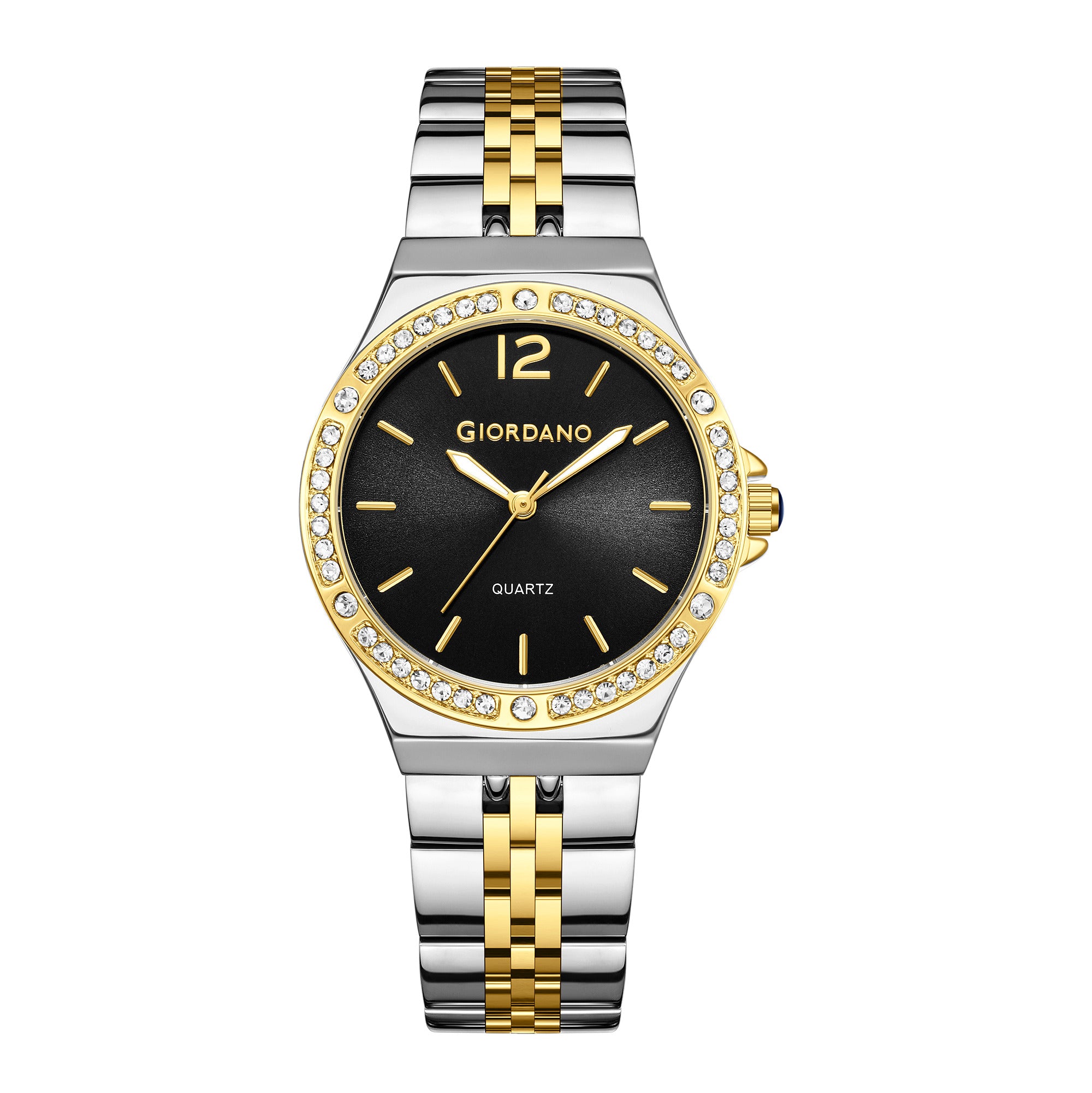 Giordano Analog Quartz Watch for Women with Round Black Dial, Crystal Studded Bezel, Blue Crown, Luminous Hands, Silver and Gold Stainless Steel Strap - GZ-60159-11