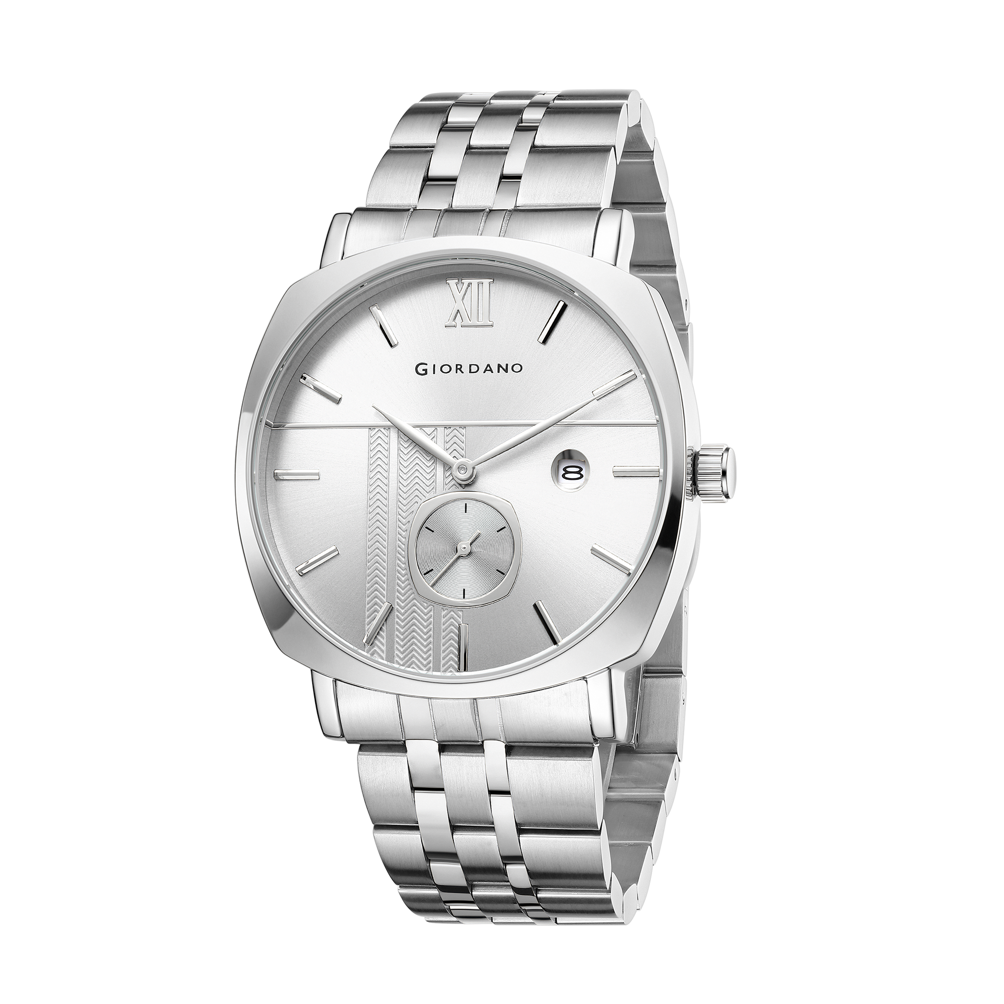 Giordano Analog Quartz Watch for Men with Silver Sunray Patterned Dial, Roman XII & Baton Hour Markers, Small Seconds Sub-Dial, Date Display and Silver Stainless Steel Strap - GZ-50192-11