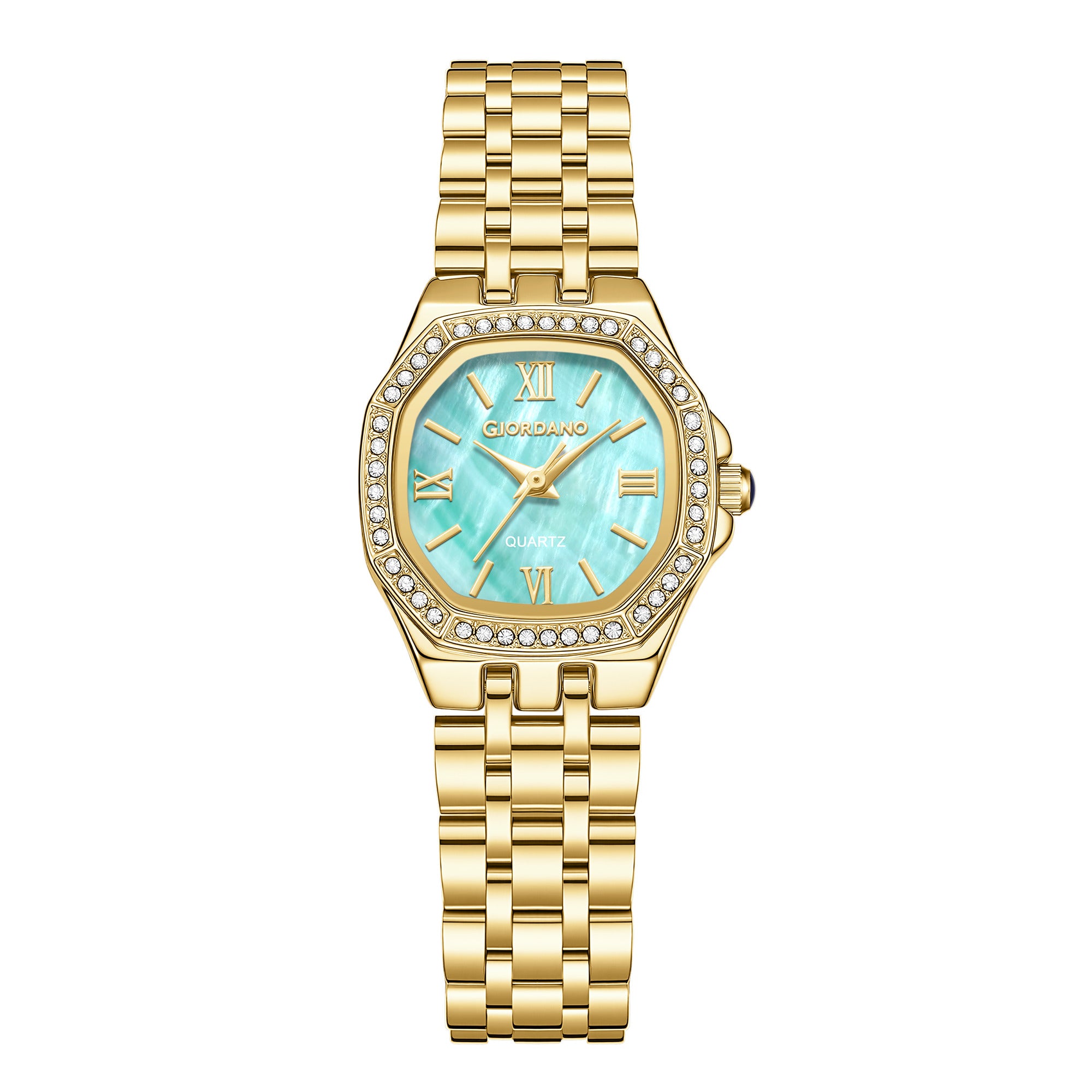 Giordano Analog Watch for Women with Green Dial, Crystal Studded Bezel, Roman Indices & Stainless Steel Strap GZ-60162-33