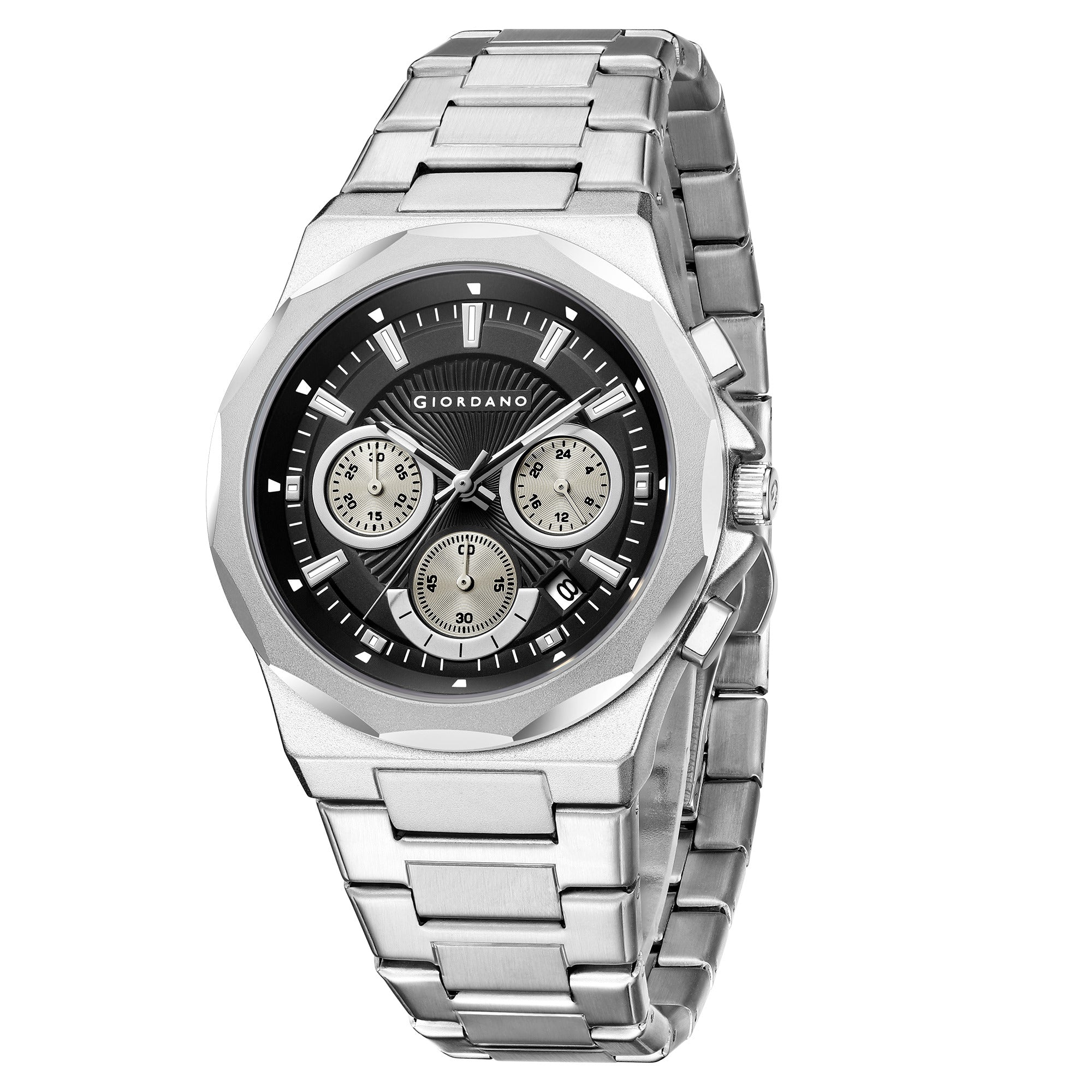 Giordano Chronograph Analog Quartz Watch for Men with Textured Round Black Dial, Date Function, Luminous Hands and Markers, Silver Stainless Steel Strap - GZ-50199-11