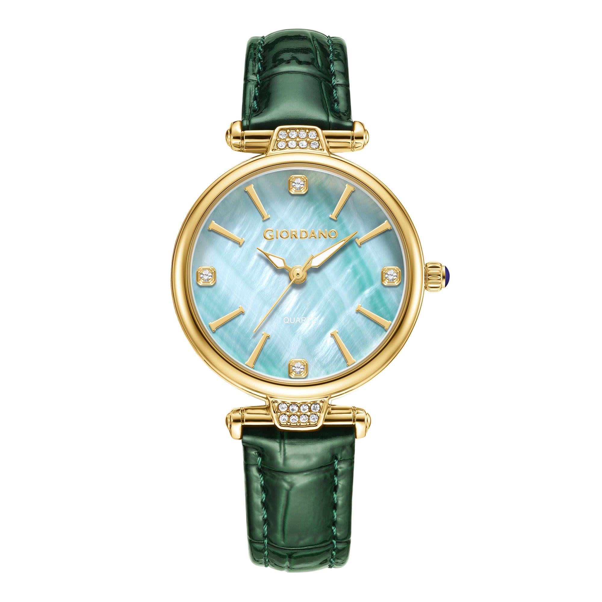 Giordano Analog Quartz Watch for Women with sunray Round Green Dial, Blue Crown, Luminos hands and Crystal hour markers, Silver Leather Strap - GZ-60161-03