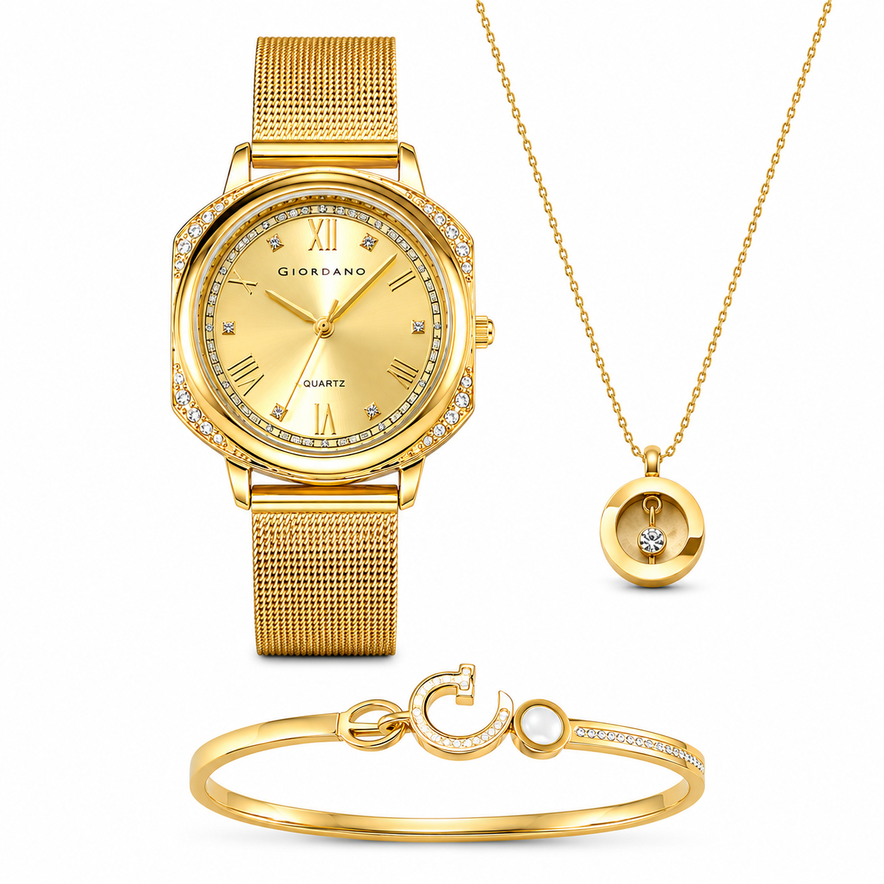 Giordano Gold Analog Quartz Watch Gift Set for Women – 3 Piece Combo with Mesh Strap, Roman Numeral Crystal Studded Dial, Pendant Necklace & Bangle Bracelet, Fashion Jewelry Set - GZ-60183-11
