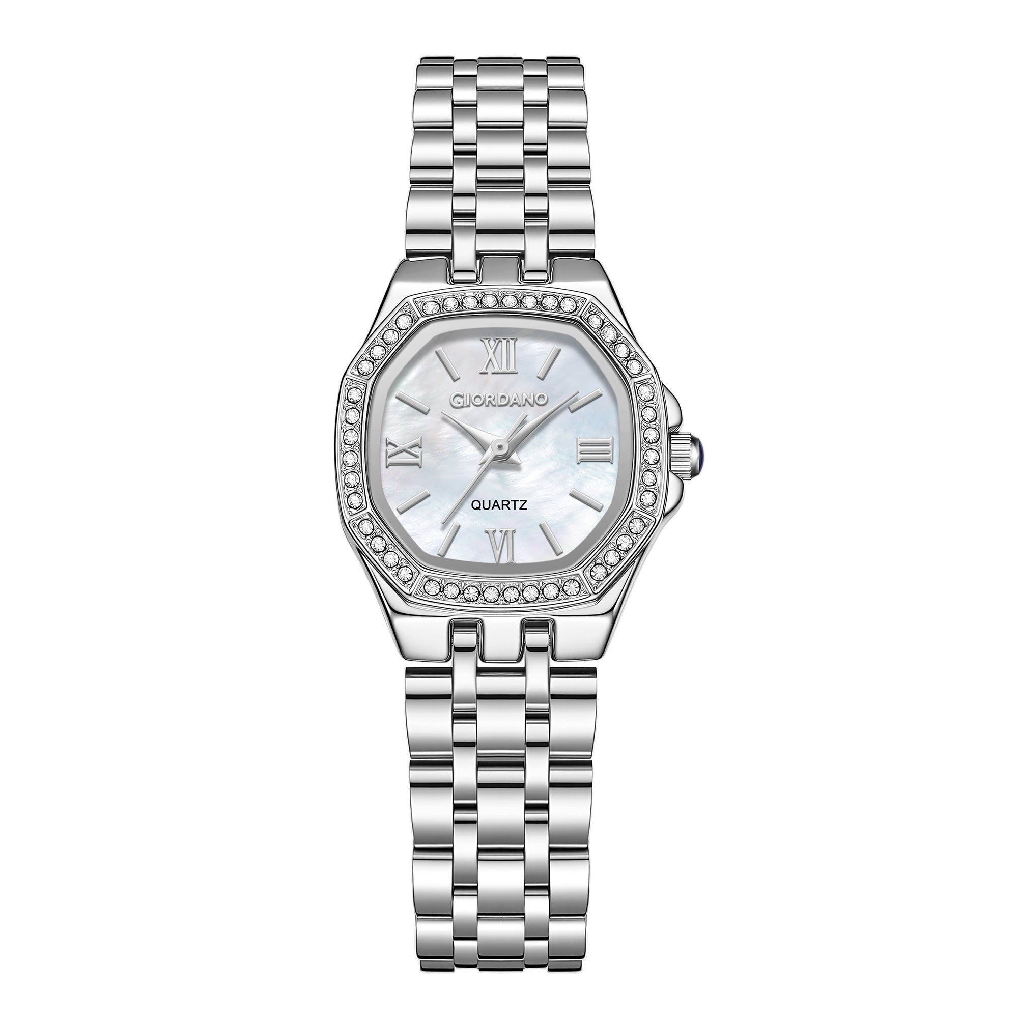 Giordano Analog Watch for Women with Silver Dial, Crystal Studded Bezel, Roman Indices & Stainless Steel Strap GZ-60162-22