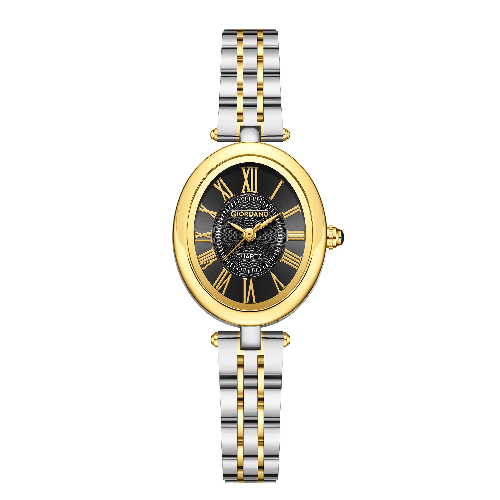 Giordano Analog Quartz Watch for Women with Texured Round Black Dial, Roman Indices, Blue Crown, Silver and Gold Stainless Steel Strap - GZ-60156-11