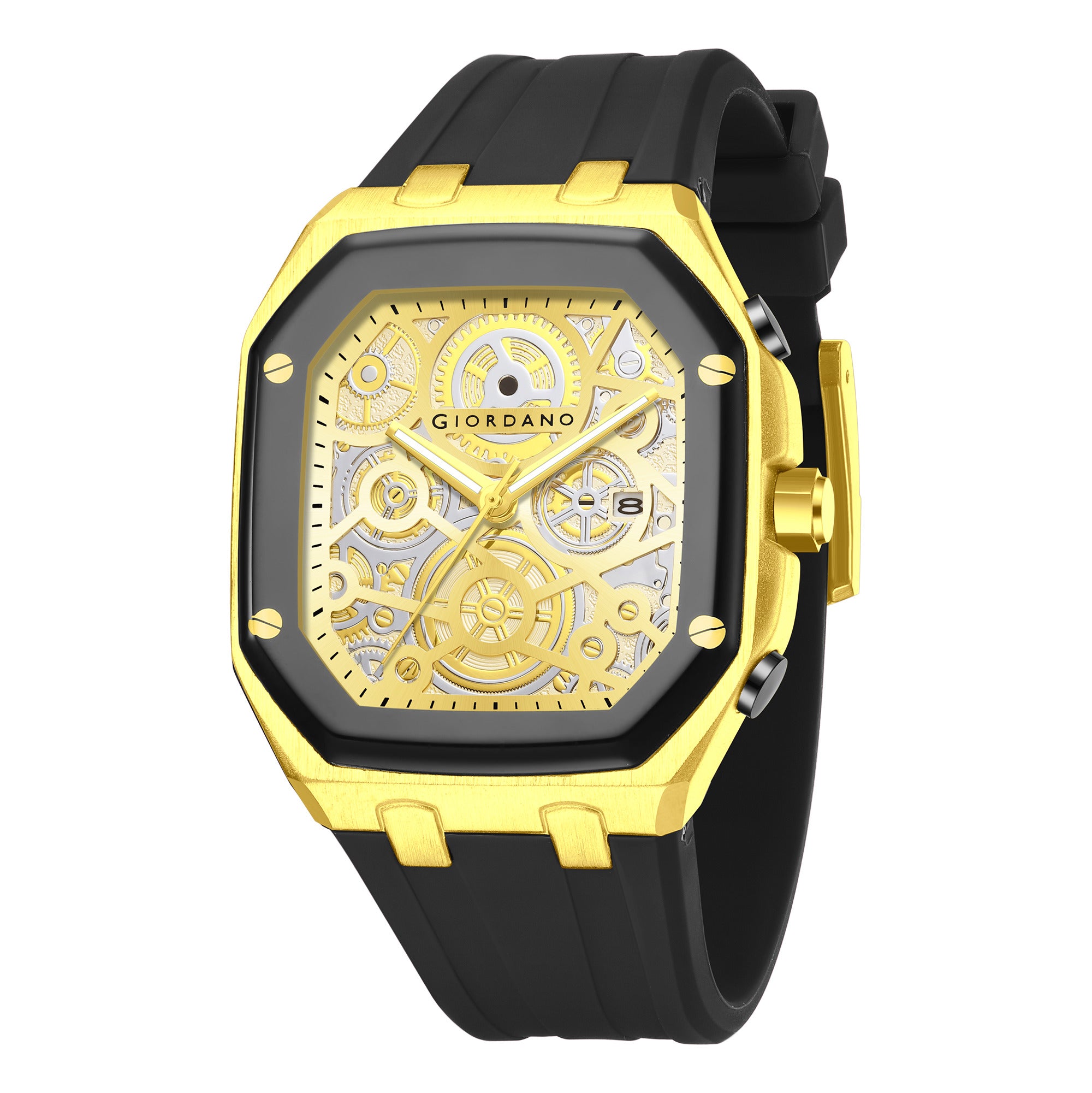 Giordano Skeleton Dial Analog Watch for Men – Gold Tone Case, Black Silicone Strap, Date Display & Transparent Mechanical Design GZ-50221-02