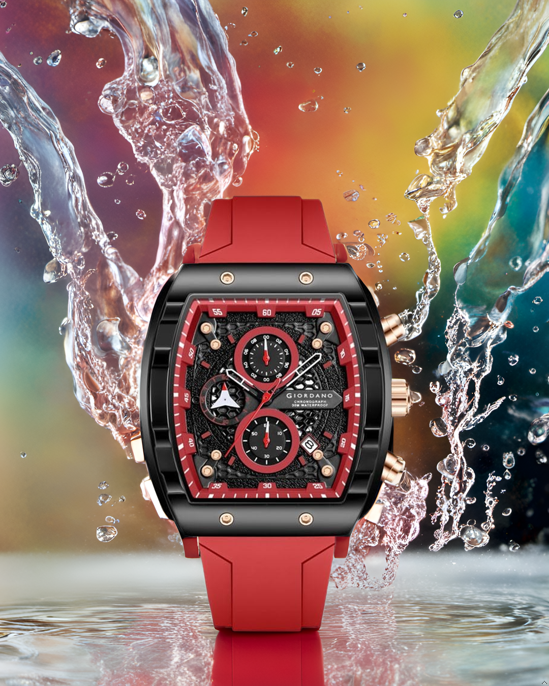 Giordano Red Square Dial Multifuncational Watch for Men with Stylish Design, Waterproof, Date Display & Silicone Strap GZ-50123-03