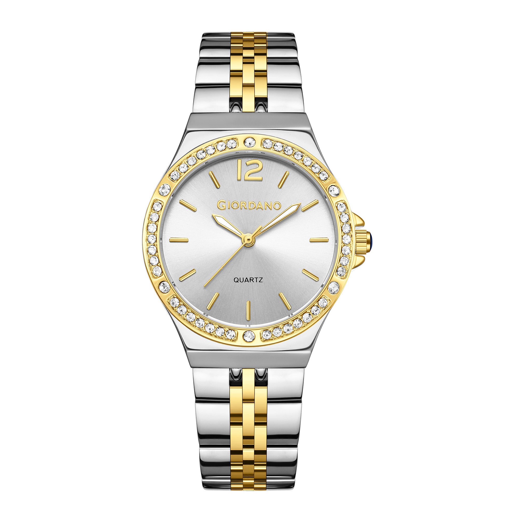 Giordano Analog Quartz Watch for Women with Round White Dial, Crystal Studded Bezel, Blue Crown, Luminous Hands, Silver and Gold Stainless Steel Strap - GZ-60159-66
