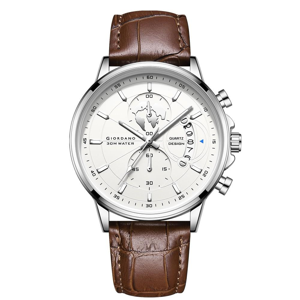 Giordano Mutifunction Watch for Men with Round Silver Dial, Date Display and Brown Leather Strap GZ-50165-02