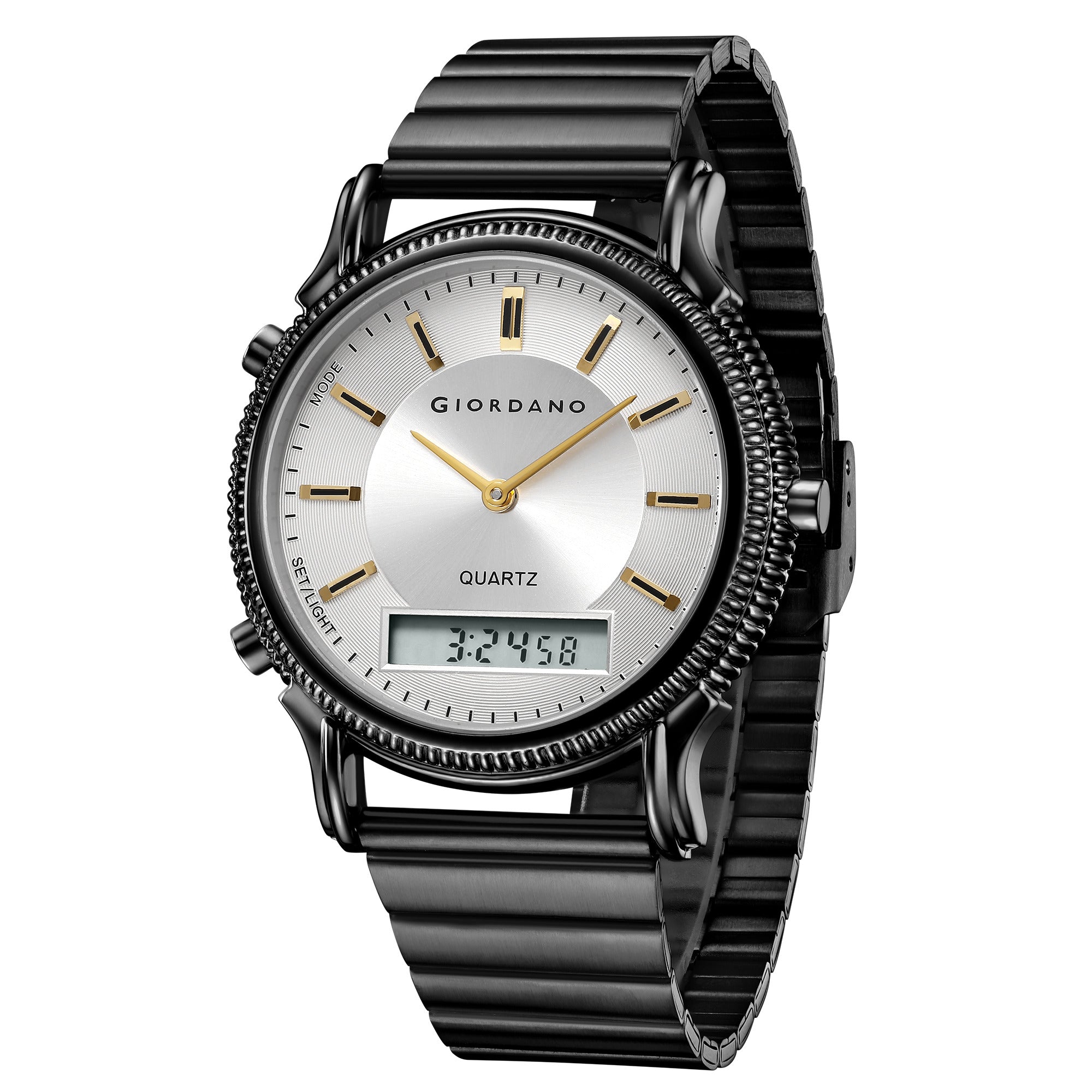 Giordano Analog-Digital Watch for Men - Round Silver Dial with Dual Display, Quartz Movement and Black Stainless Steel Strap - GZ-50209-11