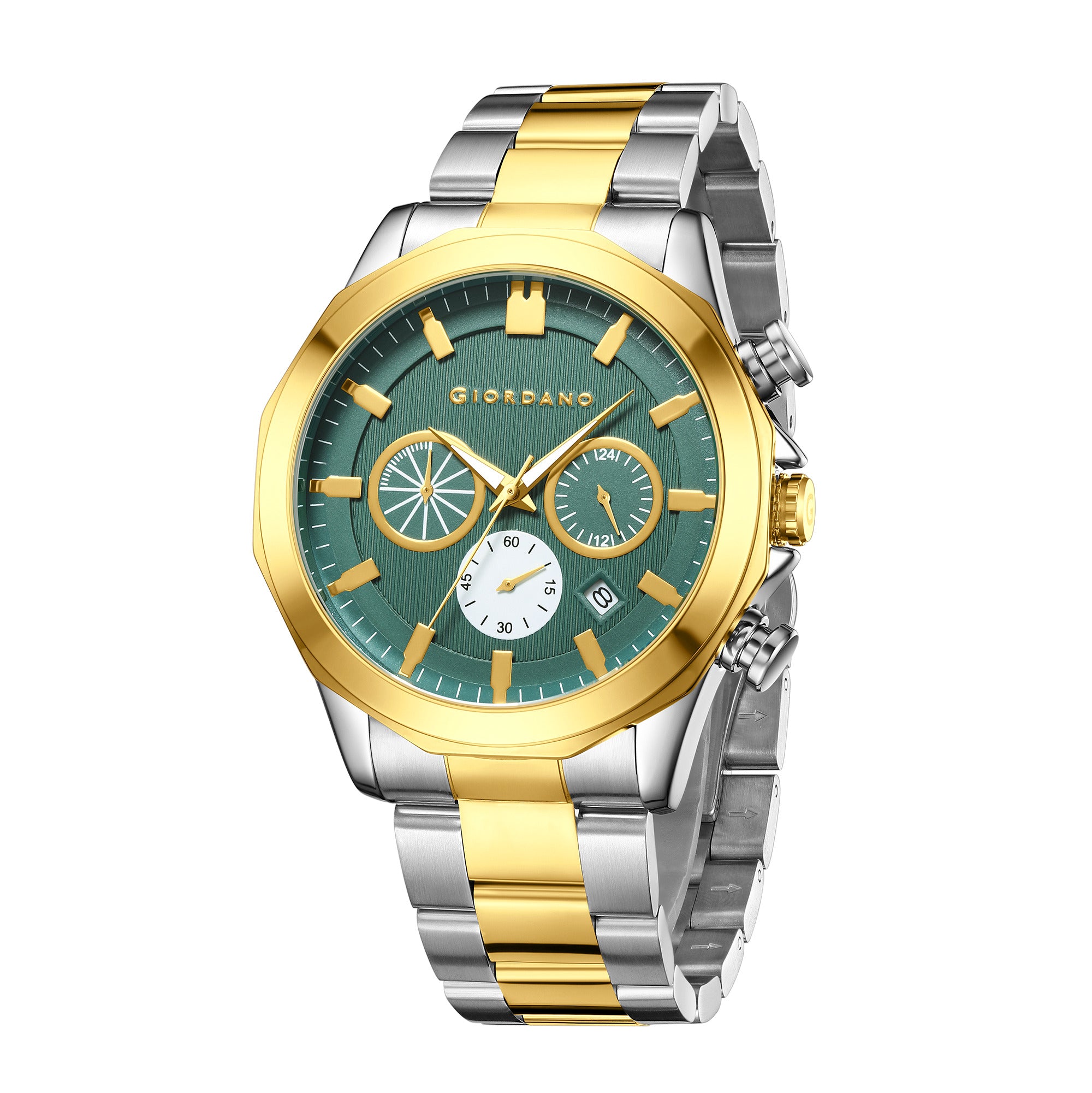 Giordano Analog Quartz Watch for Men with Round Green Textured Dial, Multifunction Sub-Dials, Date Display and Silver & Gold Two-Tone Stainless Steel Strap - GZ-50036-66
