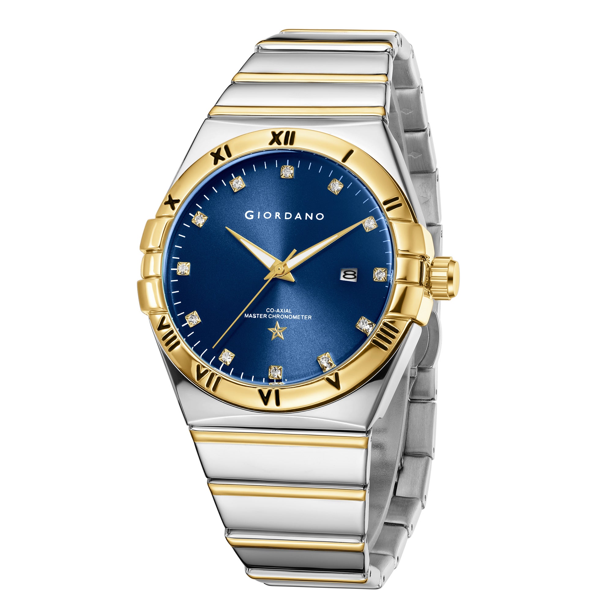 Giordano Analog Watch for Men Round Blue Dial with Crystal Markers, Roman Bezel, Date Display & Stainless Steel Strap GZ-50220-55