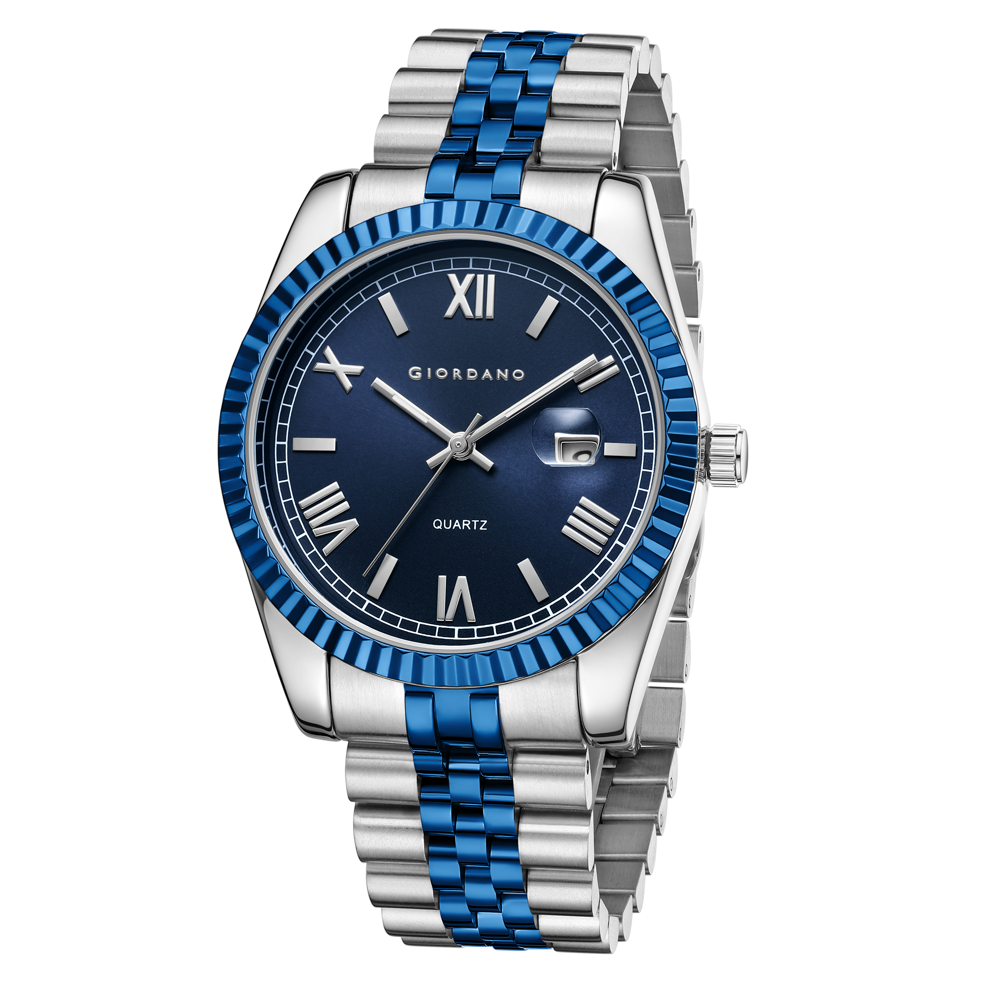 Giordano Analog Quartz Watch for Men with Blue Dial, Roman Numeral & Baton Markers, Date Display, Fluted Bezel and Two-Tone Blue & Silver Stainless Steel Strap - GZ-50190-33