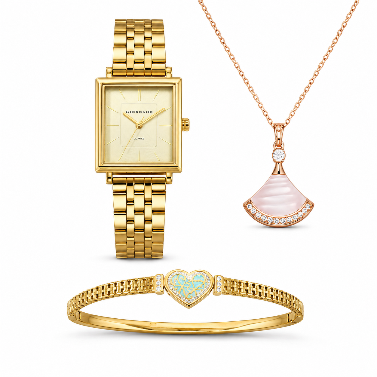 Giordano Gold Analog Quartz Watch Gift Set for Women – 3 Piece Combo with Rose Gold Mother of Pearl Fan Pendant Necklace & Crystal Heart Charm Bangle Bracelet, Fashion Jewelry Set - GZ-60180-11