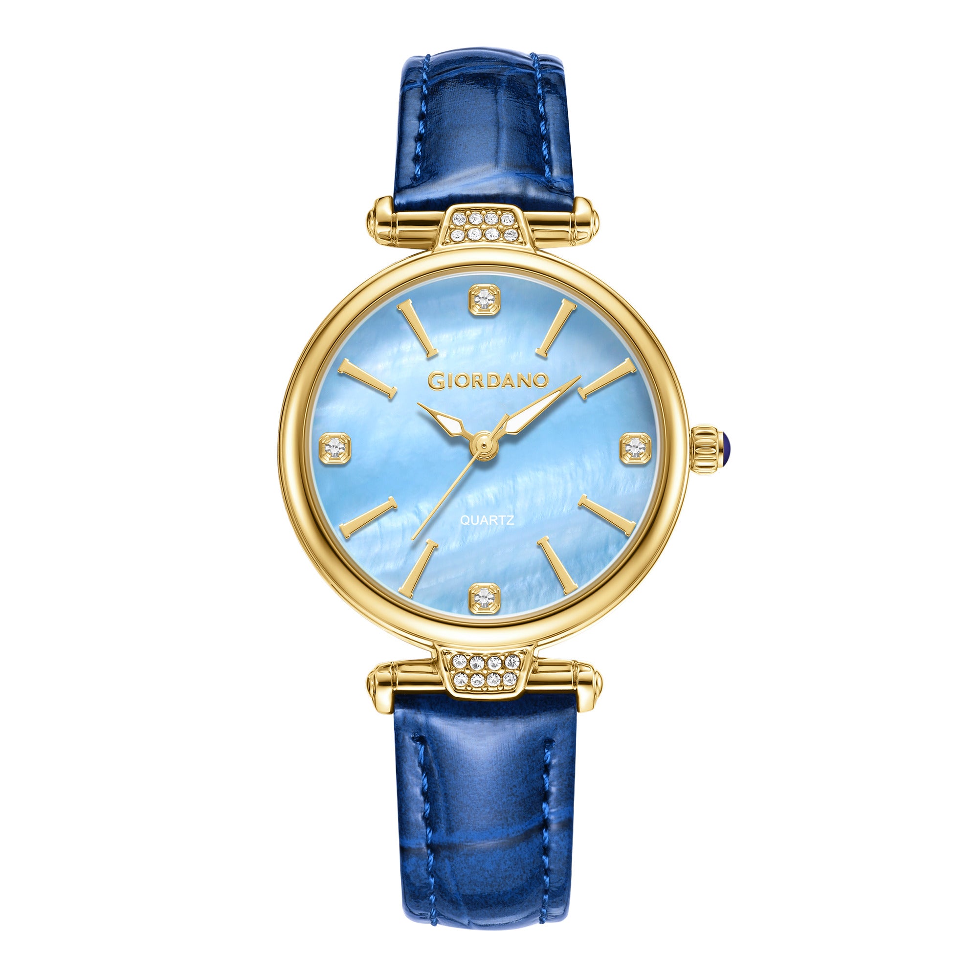 Giordano Analog Quartz Watch for Women with sunray Round Blue Dial, Blue Crown, Luminos hands and Crystal hour markers, Blue Leather Strap - GZ-60161-05