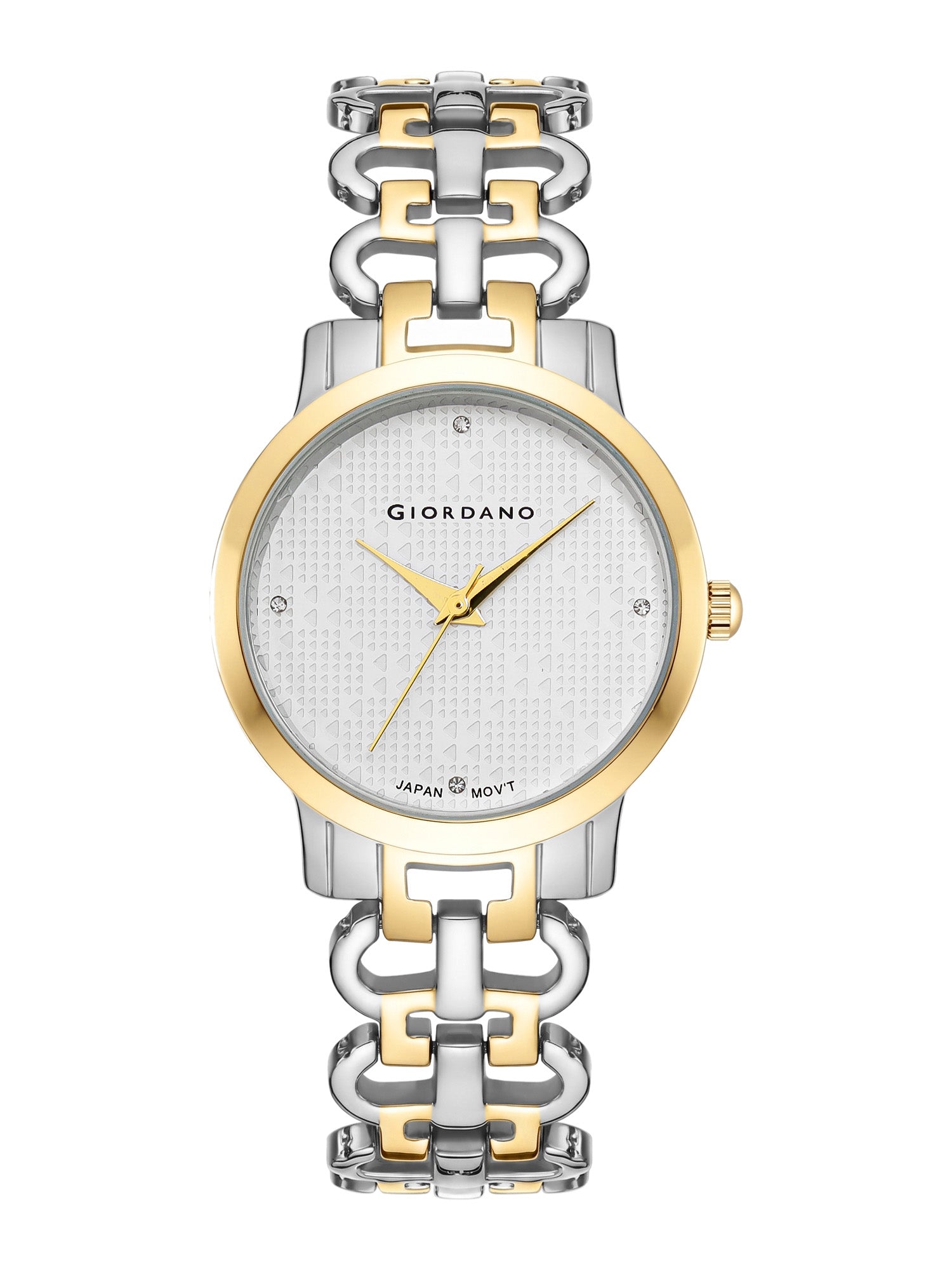 Giordano Analog Quartz Watch for Women with White Textured Round Dial, Crystal Hour Markers & Gold and Silver Two-Tone Stainless Steel Bracelet Strap - C2204-77