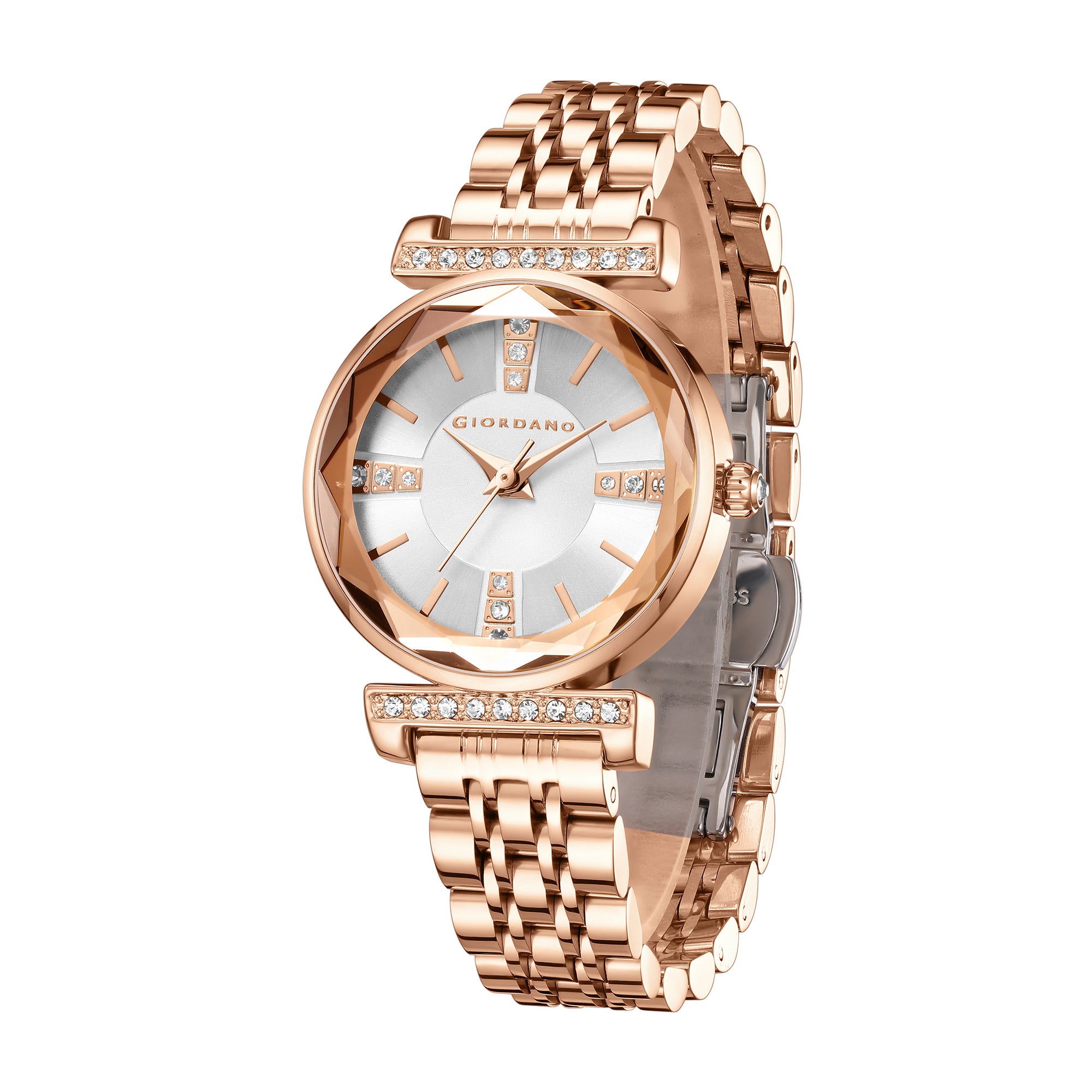 Giordano Analog Quartz Watch for Women with Silver Round Sunray Dial, Crystal Hour Markers, Crystal-Studded Bezel and Rose Gold Stainless Steel Strap - GZ-60084-55