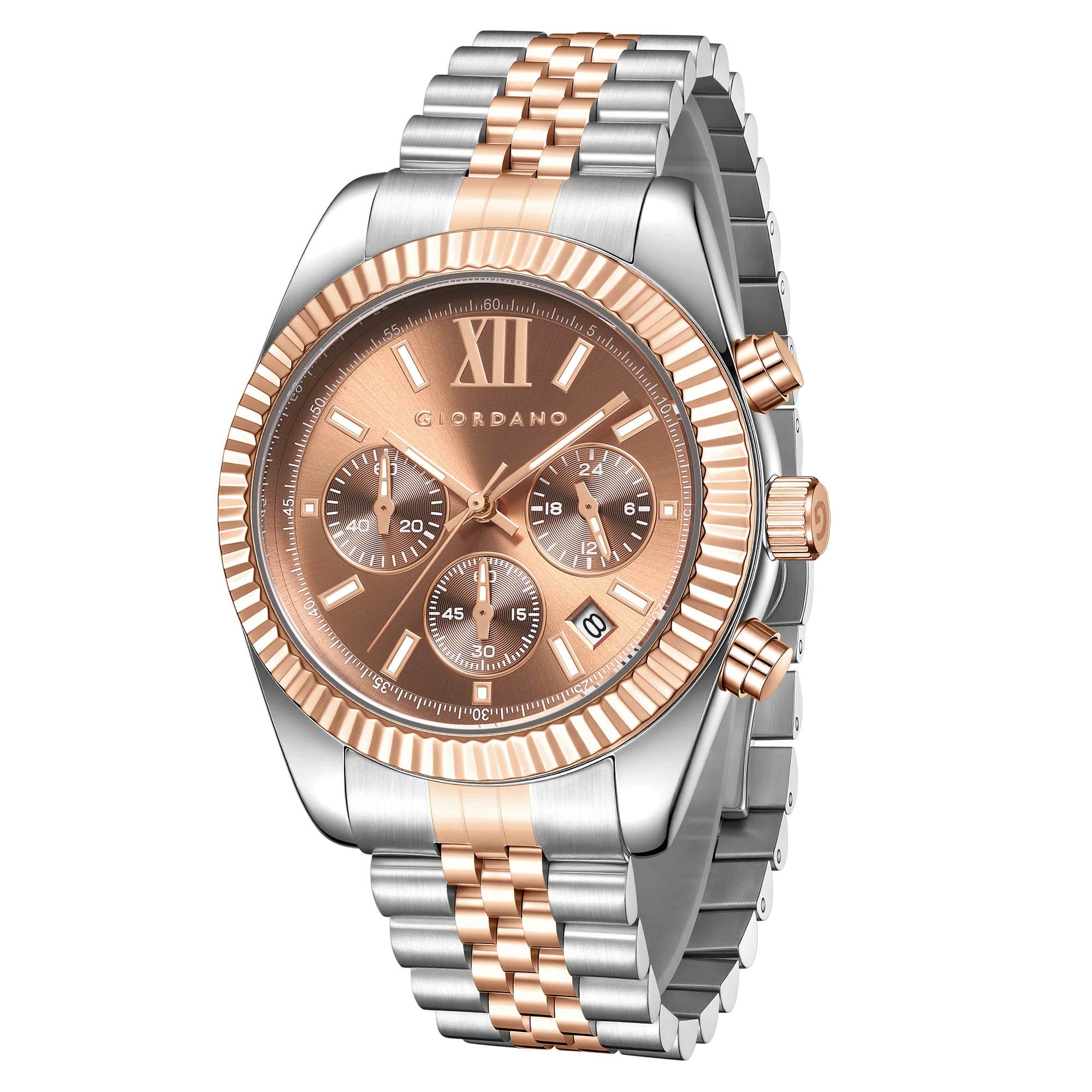 Giordano Chronograph Analog Quartz Watch for Men with Round Brown Dial, Roman indices, Date Function, Luminos hands and Markers, Silver and Rose Gold Stainless Steel Strap - GZ-50217-66